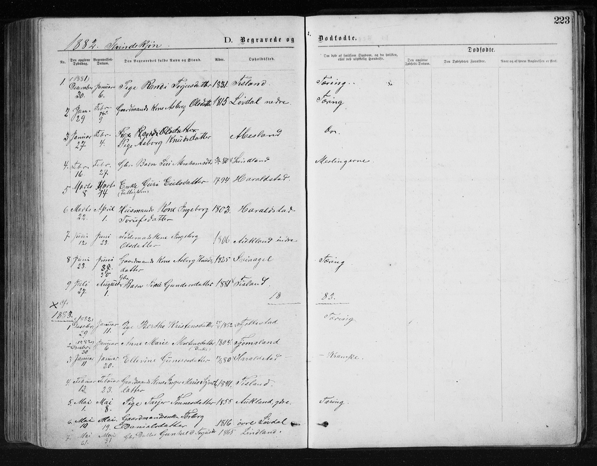 Holum sokneprestkontor, AV/SAK-1111-0022/F/Fb/Fbb/L0003: Parish register (copy) no. B 3, 1875-1898, p. 223