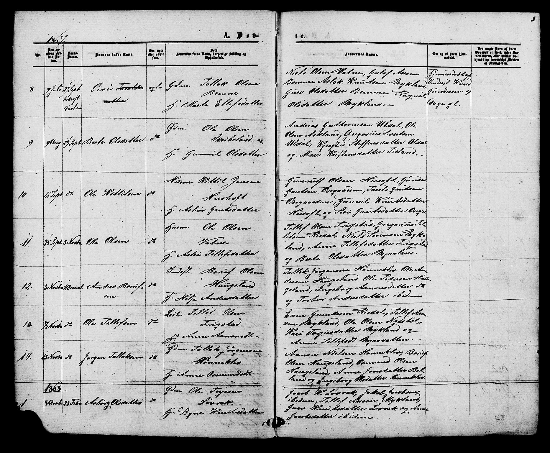 Herefoss sokneprestkontor, AV/SAK-1111-0019/F/Fb/Fbc/L0002: Parish register (copy) no. B 2, 1867-1886, p. 3