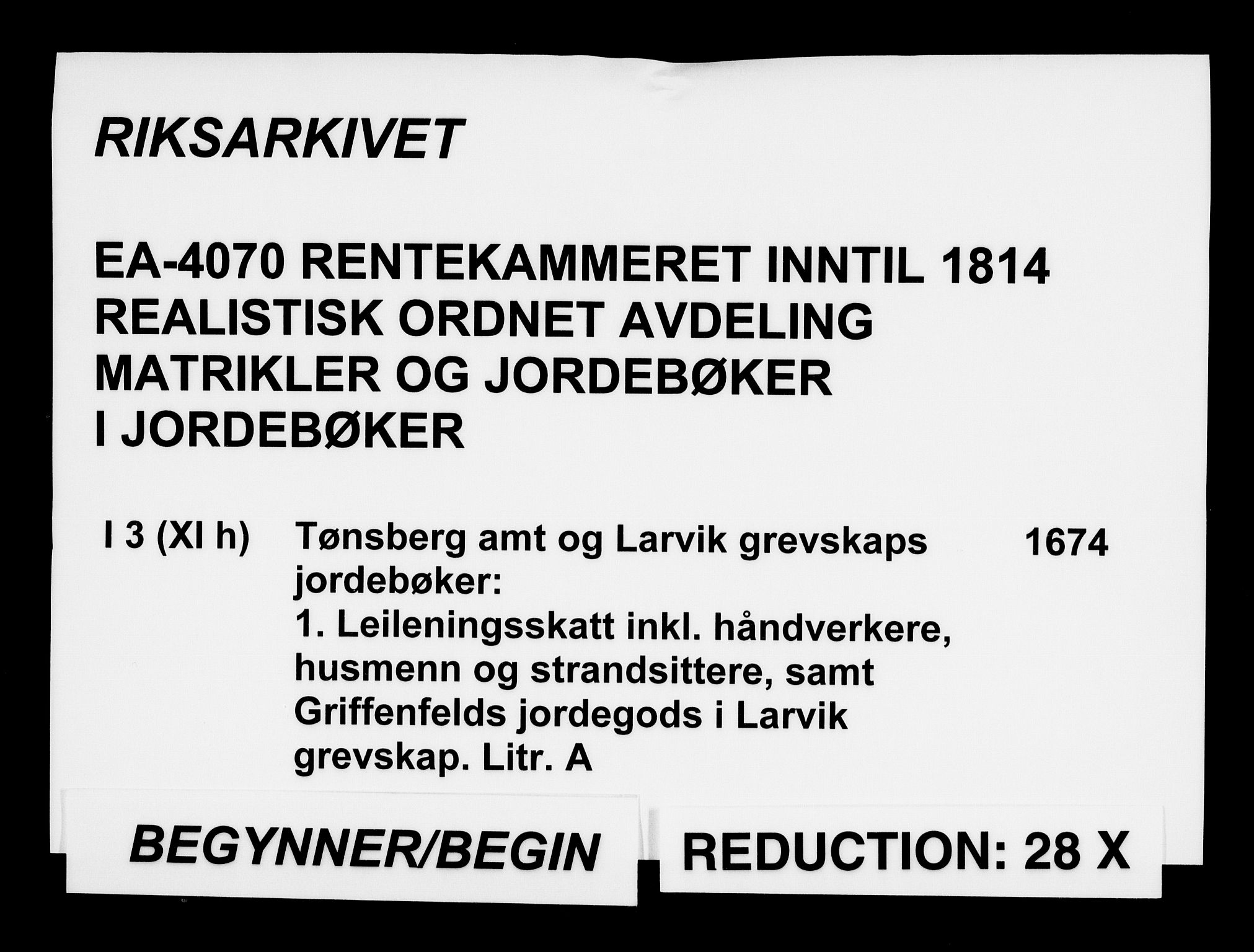 Rentekammeret inntil 1814, Realistisk ordnet avdeling, AV/RA-EA-4070/N/Na/L0003/0001: [XI h]: Tønsbergs amt og Larvik grevskaps jordebøker: / (A) Leilendigsskatt inkl. håndverkere, husmenn og strandsittere, samt Griffenfelds jordegods i Larvik grevskap., 1674