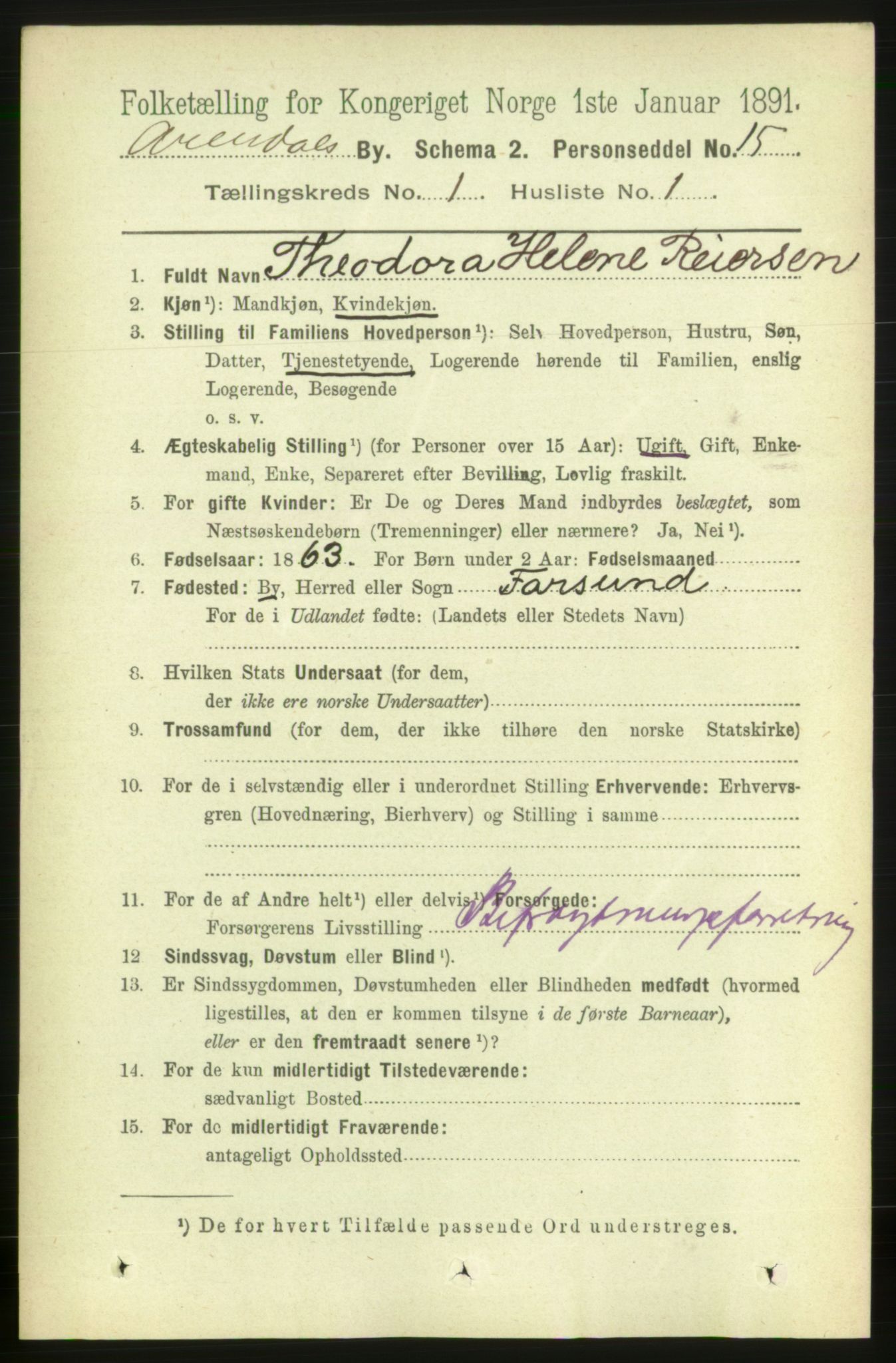 RA, 1891 census for 0903 Arendal, 1891, p. 941