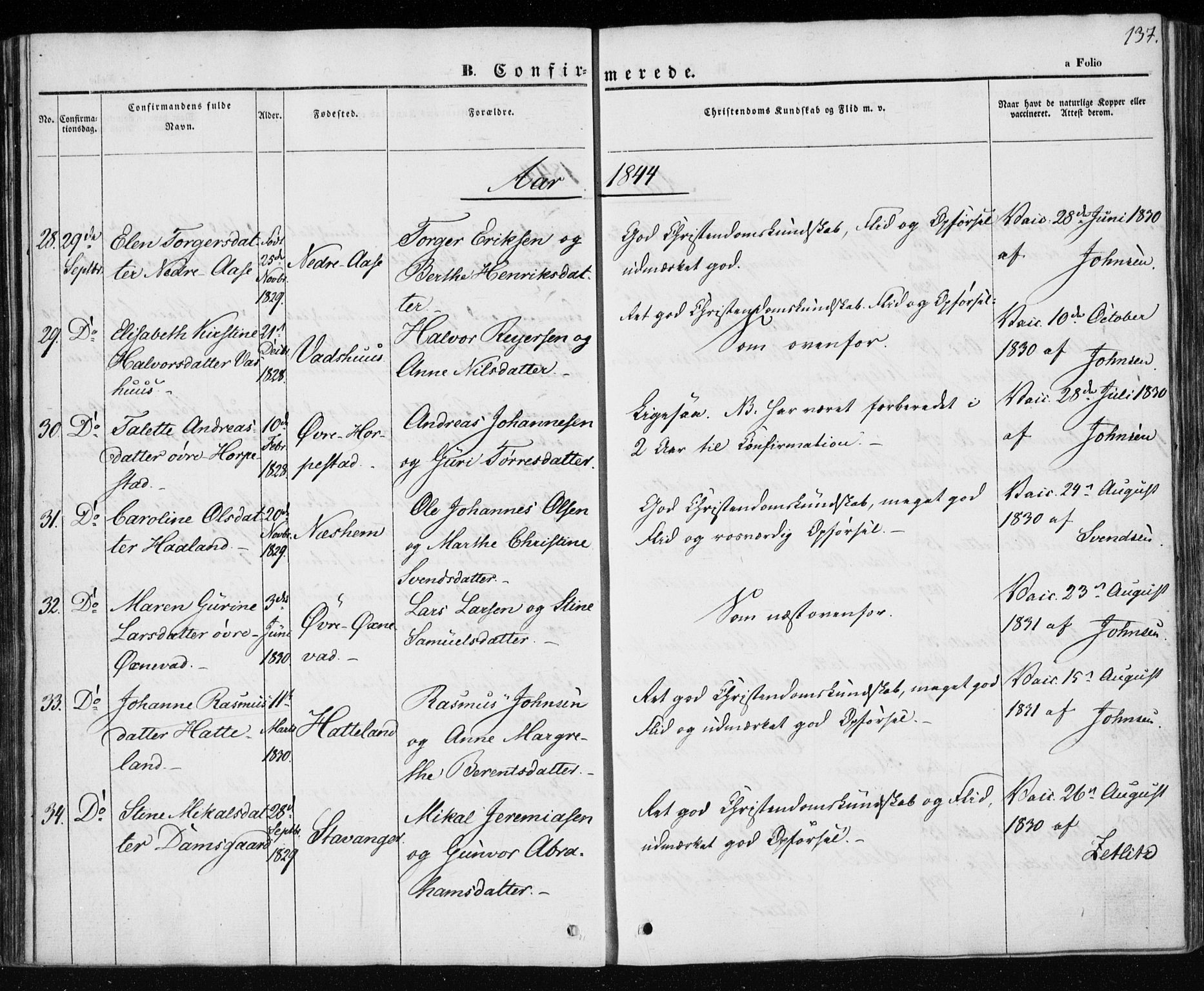 Klepp sokneprestkontor, AV/SAST-A-101803/001/3/30BA/L0004: Parish register (official) no. A 4, 1842-1852, p. 137