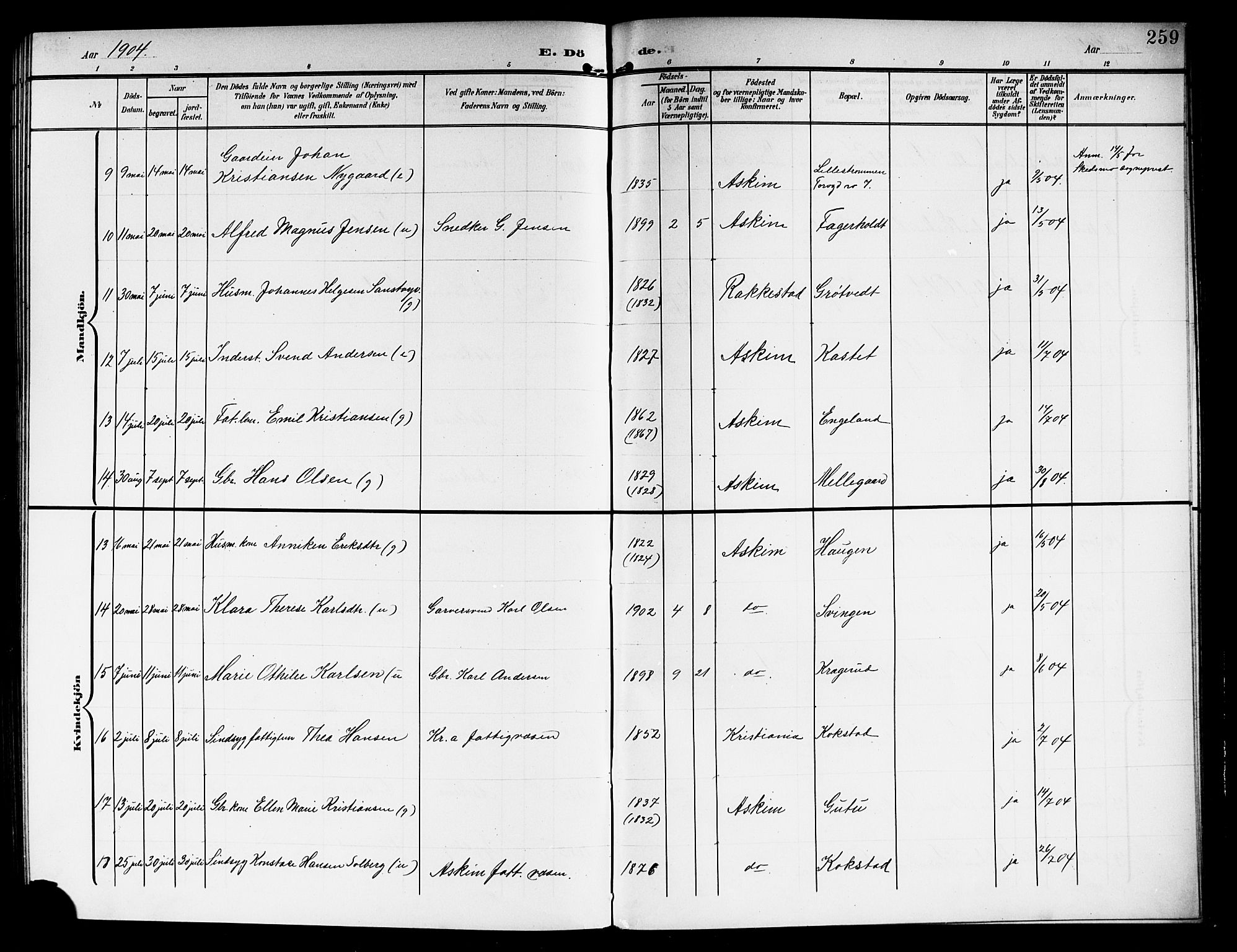 Askim prestekontor Kirkebøker, AV/SAO-A-10900/G/Ga/L0002: Parish register (copy) no. 2, 1903-1921, p. 259