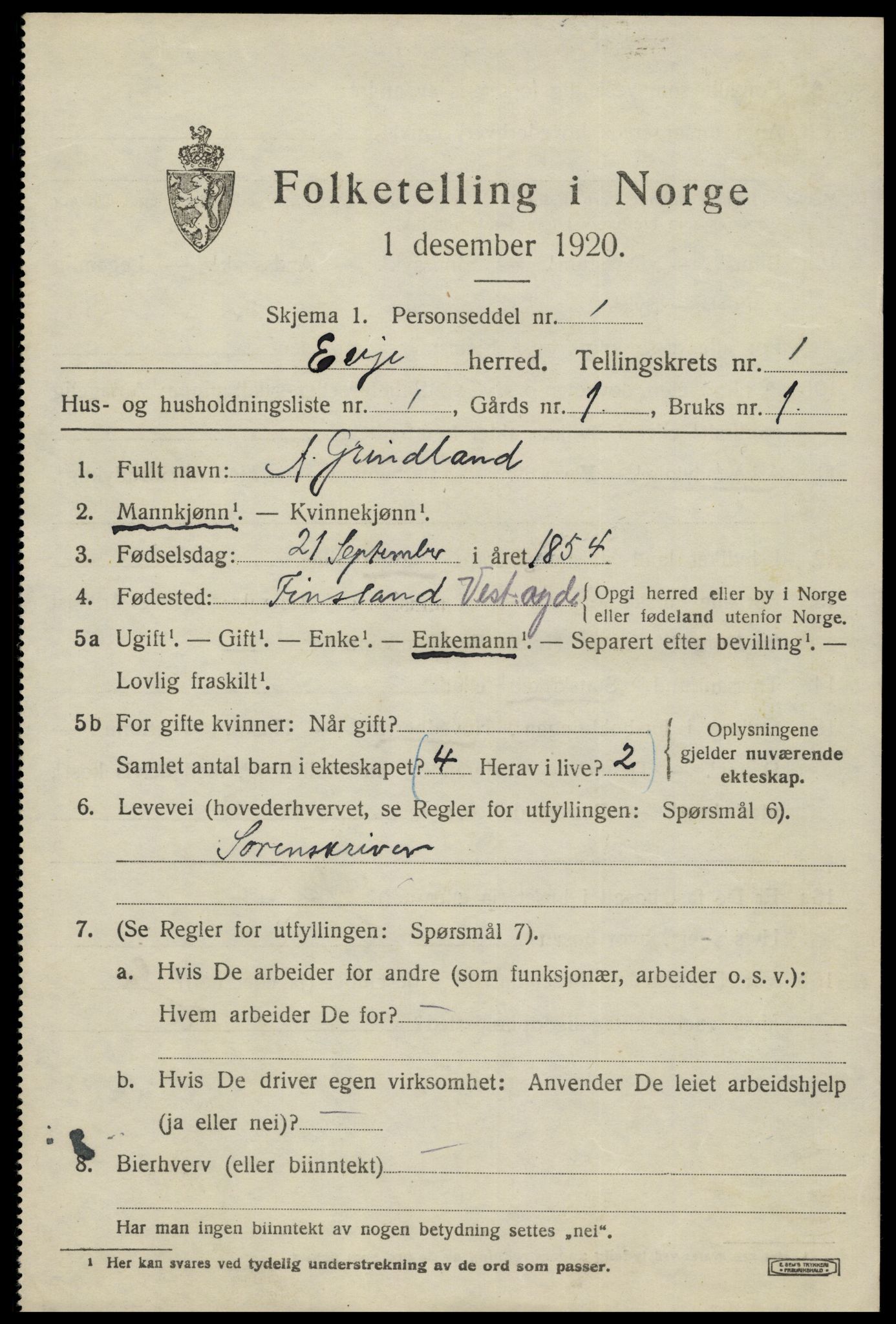 SAK, 1920 census for Evje, 1920, p. 534