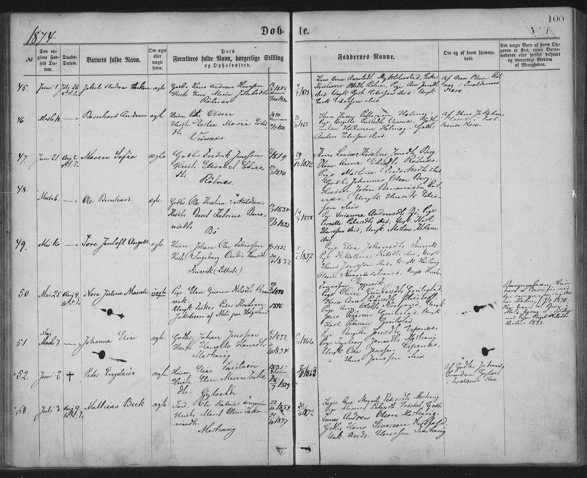 Ministerialprotokoller, klokkerbøker og fødselsregistre - Nordland, AV/SAT-A-1459/855/L0801: Parish register (official) no. 855A09, 1864-1874, p. 100