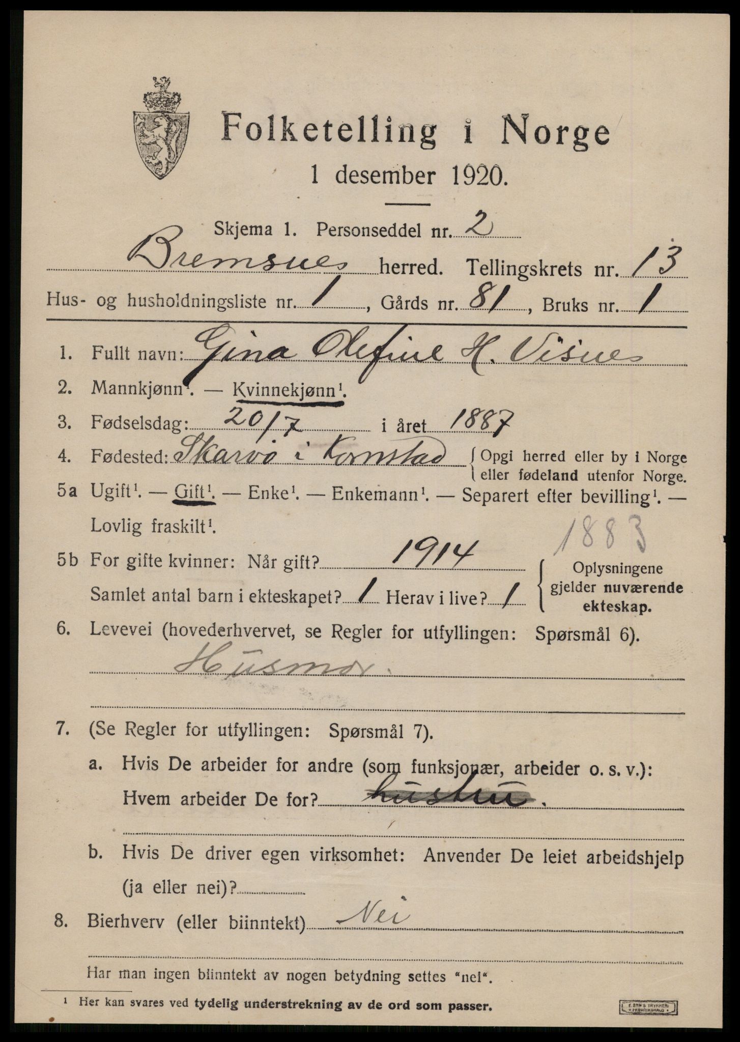 SAT, 1920 census for Bremsnes, 1920, p. 10069