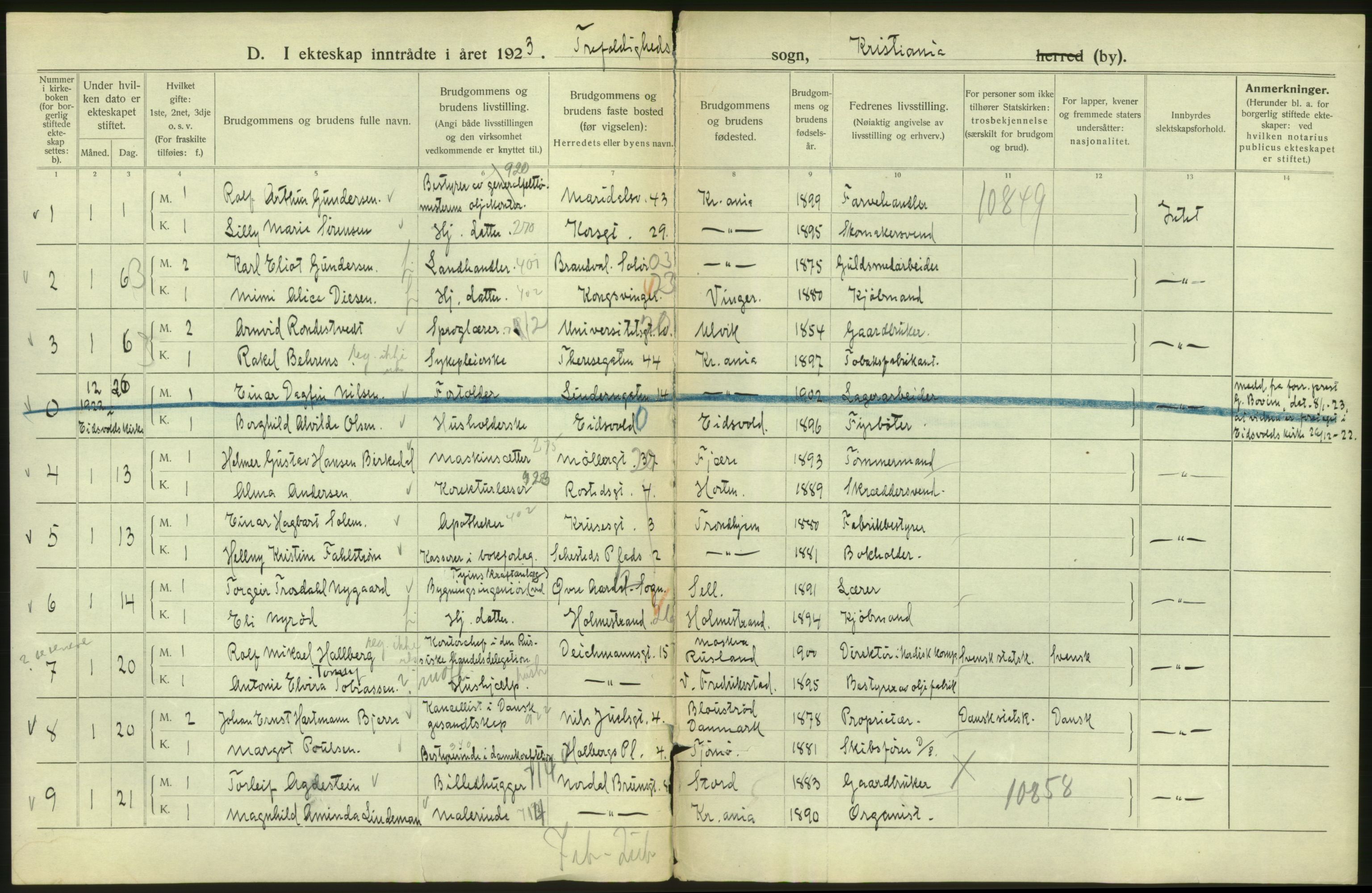 Statistisk sentralbyrå, Sosiodemografiske emner, Befolkning, AV/RA-S-2228/D/Df/Dfc/Dfcc/L0008: Kristiania: Gifte, 1923, p. 158