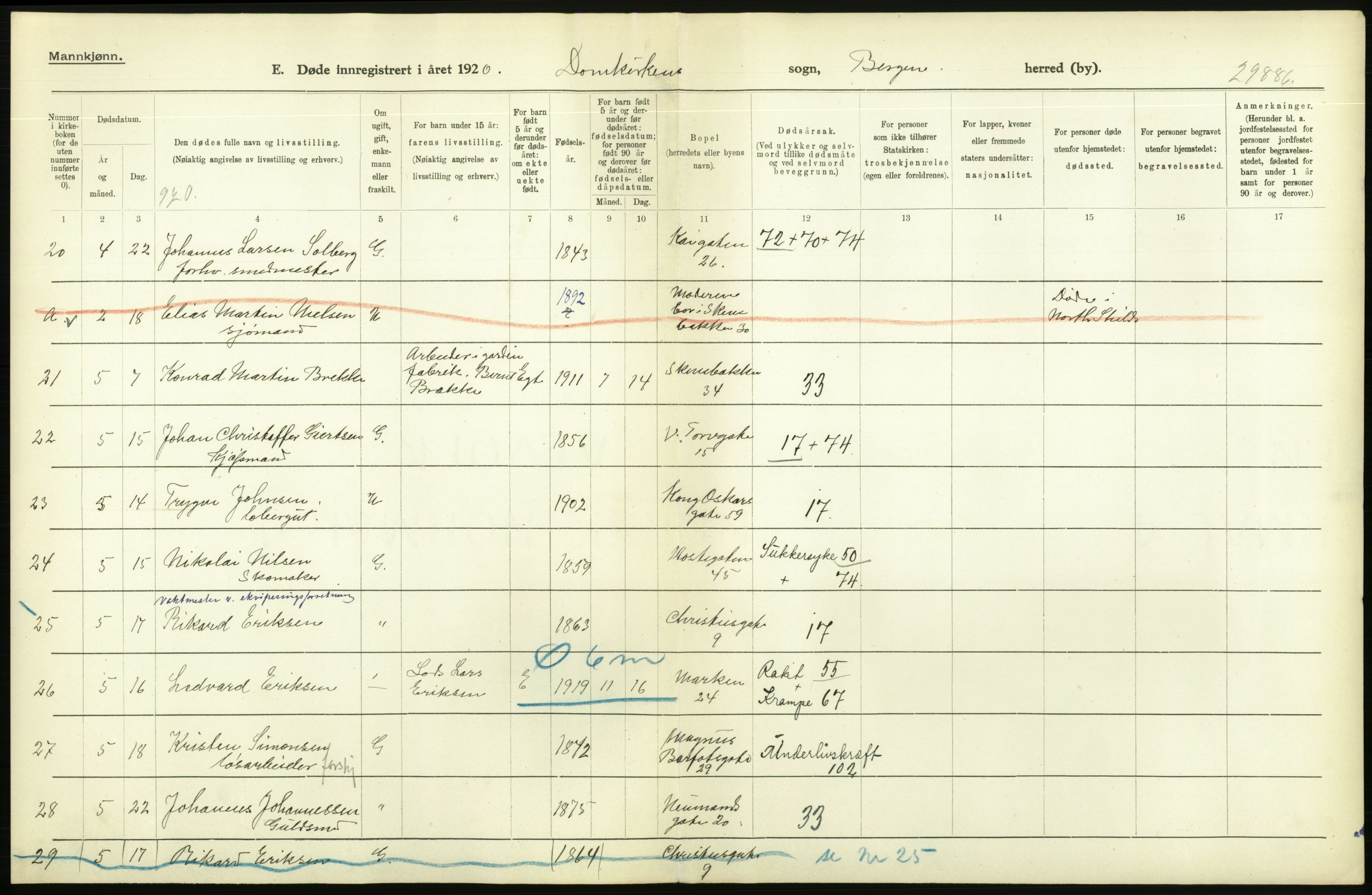 Statistisk sentralbyrå, Sosiodemografiske emner, Befolkning, AV/RA-S-2228/D/Df/Dfb/Dfbj/L0042: Bergen: Gifte, døde, dødfødte., 1920, p. 656