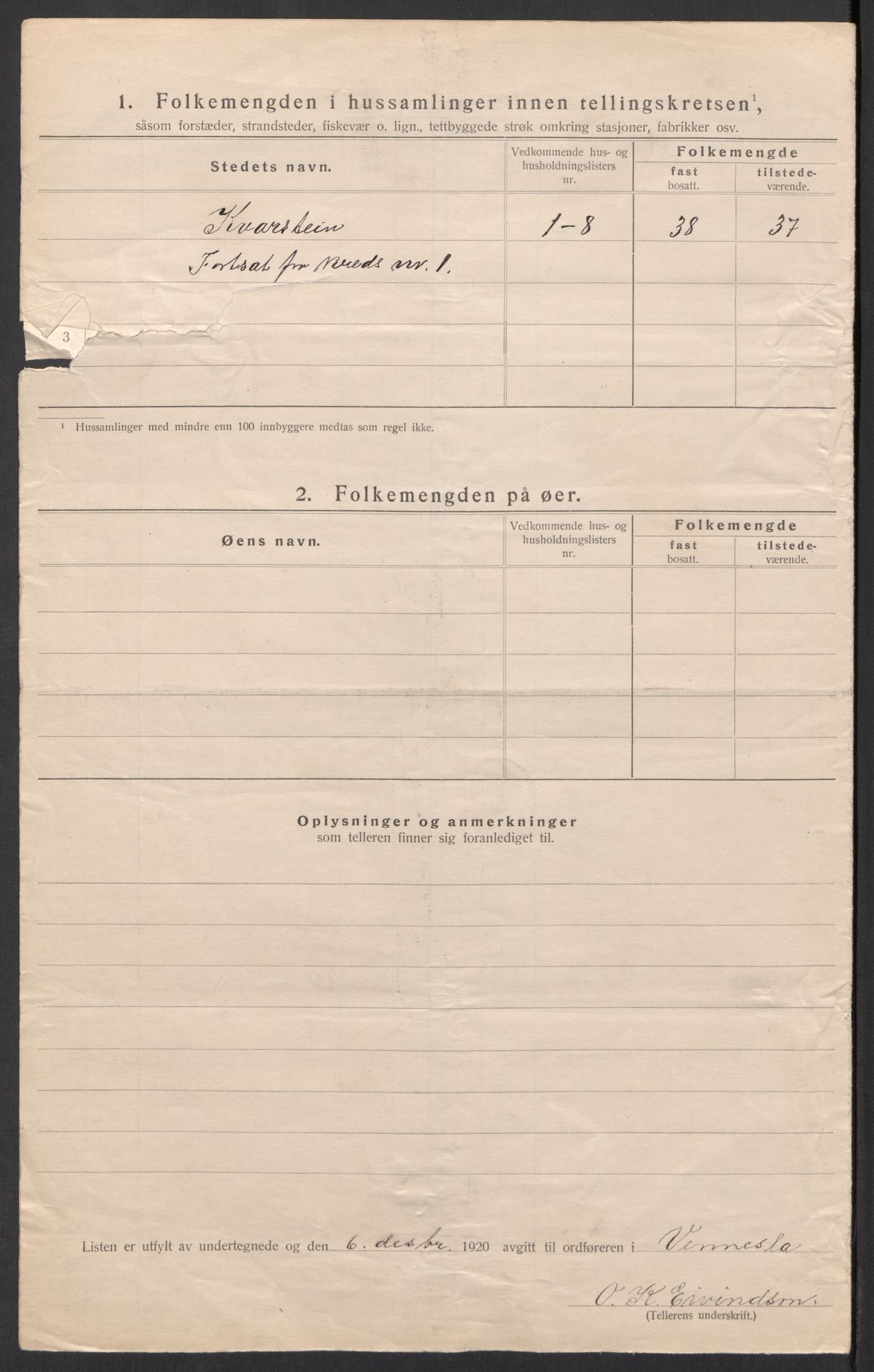 SAK, 1920 census for Vennesla, 1920, p. 12