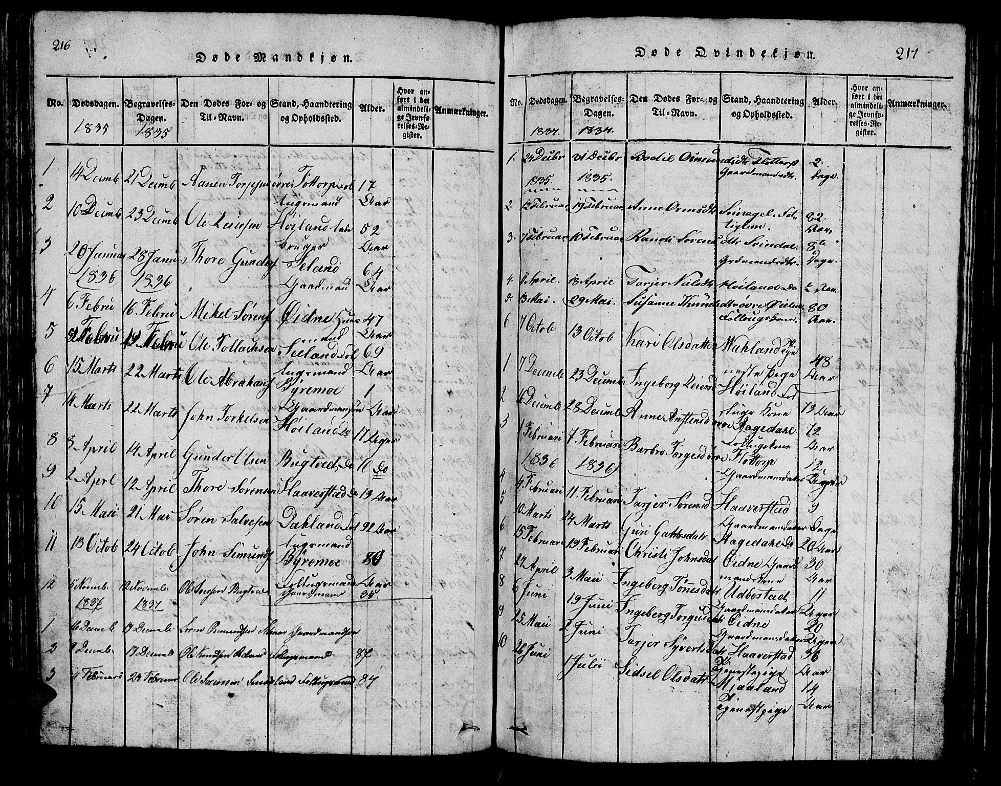 Bjelland sokneprestkontor, SAK/1111-0005/F/Fb/Fbc/L0001: Parish register (copy) no. B 1, 1815-1870, p. 216-217