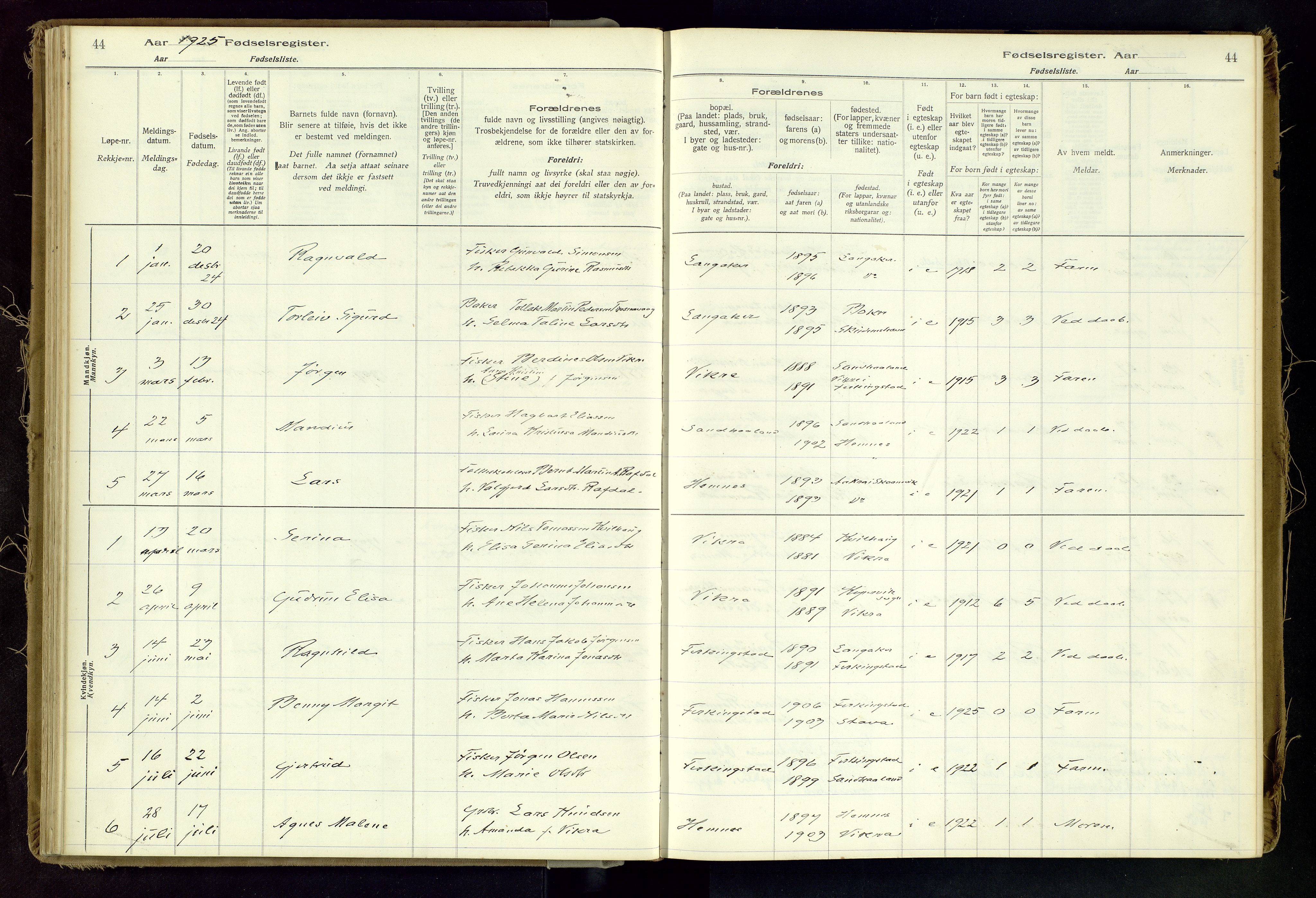 Skudenes sokneprestkontor, SAST/A -101849/I/Id/L0002: Birth register no. 2, 1916-1962, p. 44