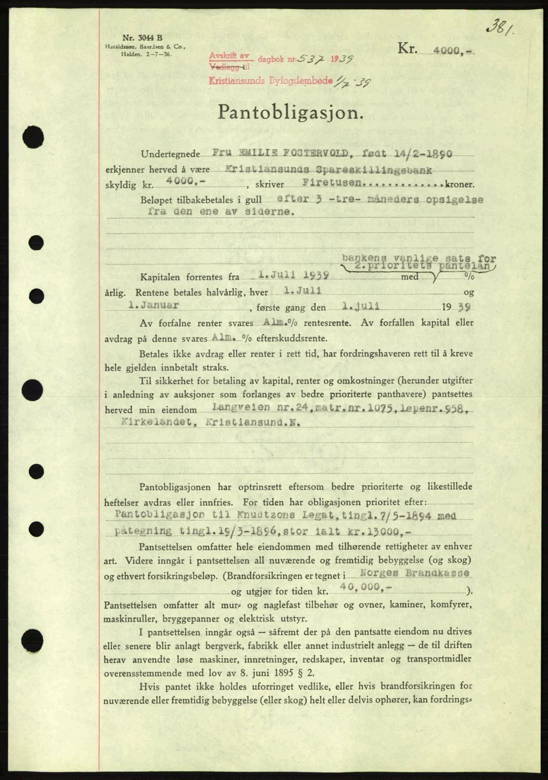 Kristiansund byfogd, SAT/A-4587/A/27: Mortgage book no. 31, 1938-1939, Diary no: : 537/1939