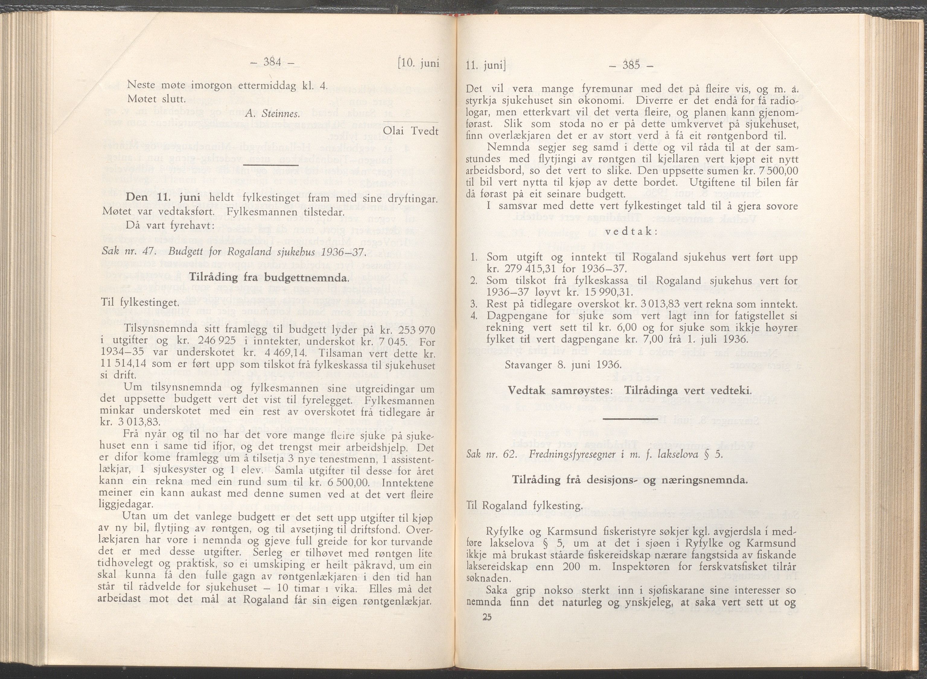 Rogaland fylkeskommune - Fylkesrådmannen , IKAR/A-900/A/Aa/Aaa/L0055: Møtebok , 1936, p. 384-385