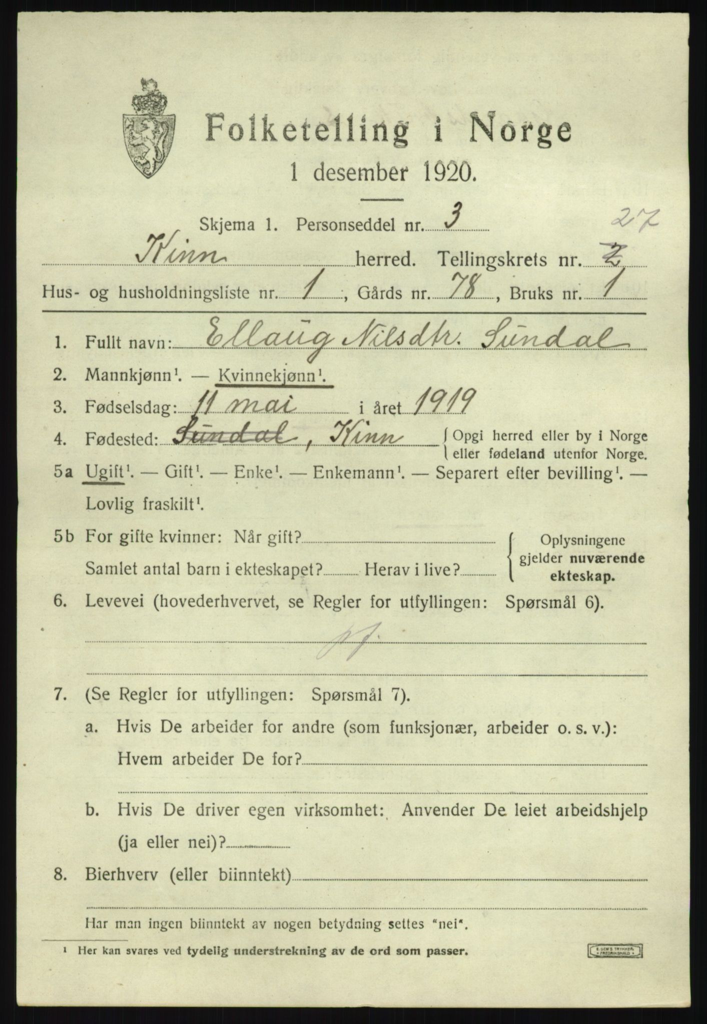 SAB, 1920 census for Kinn, 1920, p. 9149