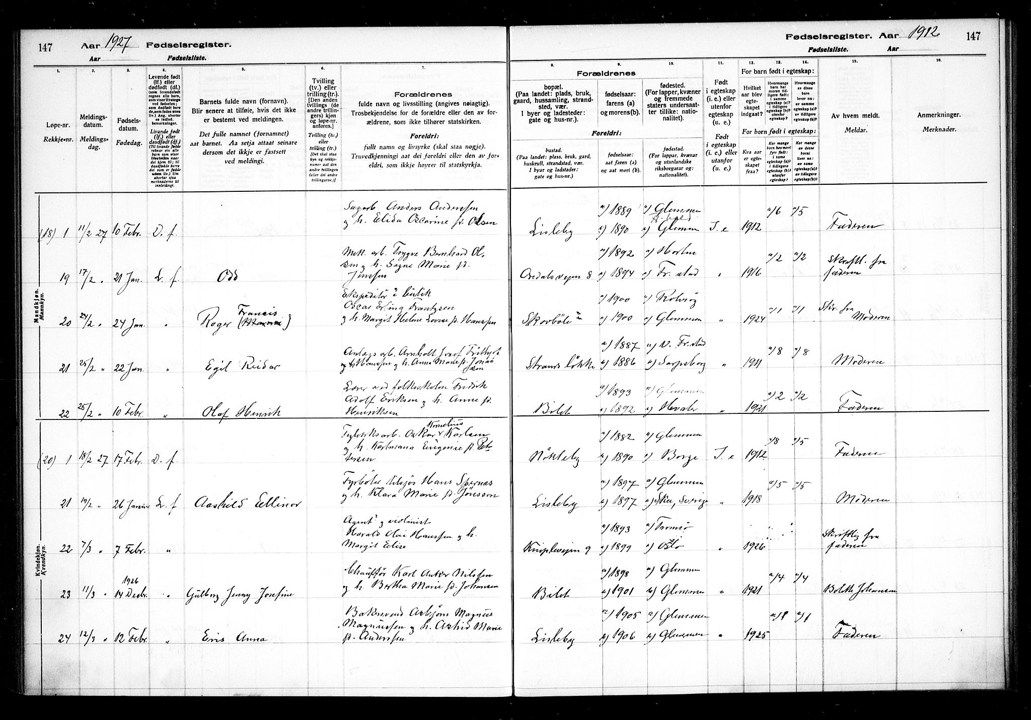 Glemmen prestekontor Kirkebøker, AV/SAO-A-10908/J/Ja/L0002: Birth register no. I 2, 1922-1929, p. 147