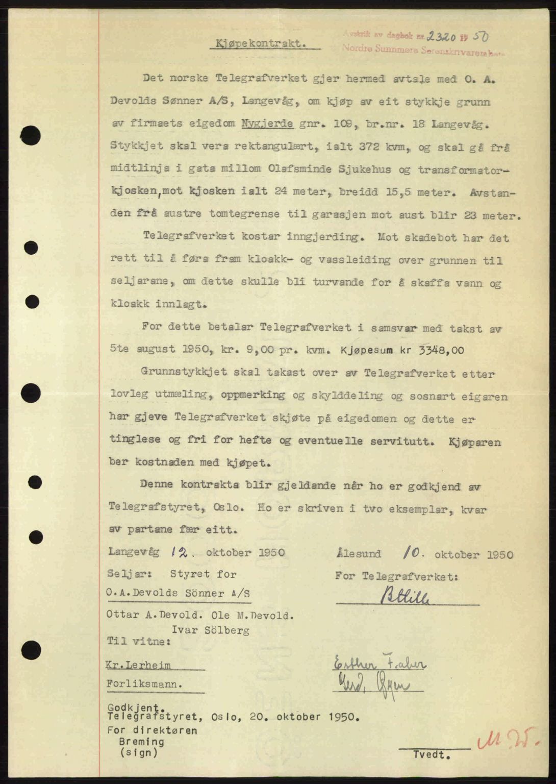 Nordre Sunnmøre sorenskriveri, AV/SAT-A-0006/1/2/2C/2Ca: Mortgage book no. A36, 1950-1950, Diary no: : 2320/1950