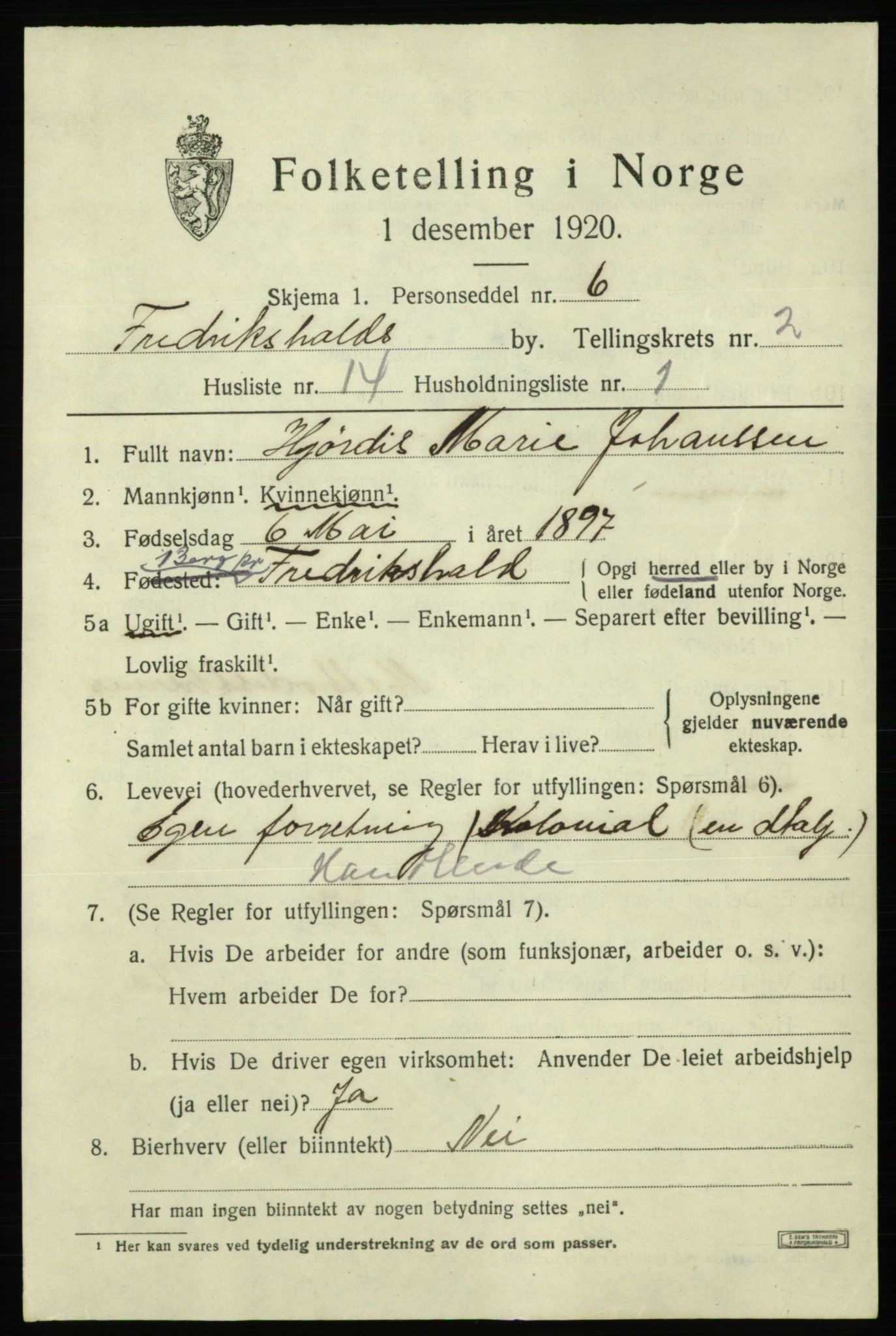 SAO, 1920 census for Fredrikshald, 1920, p. 9576