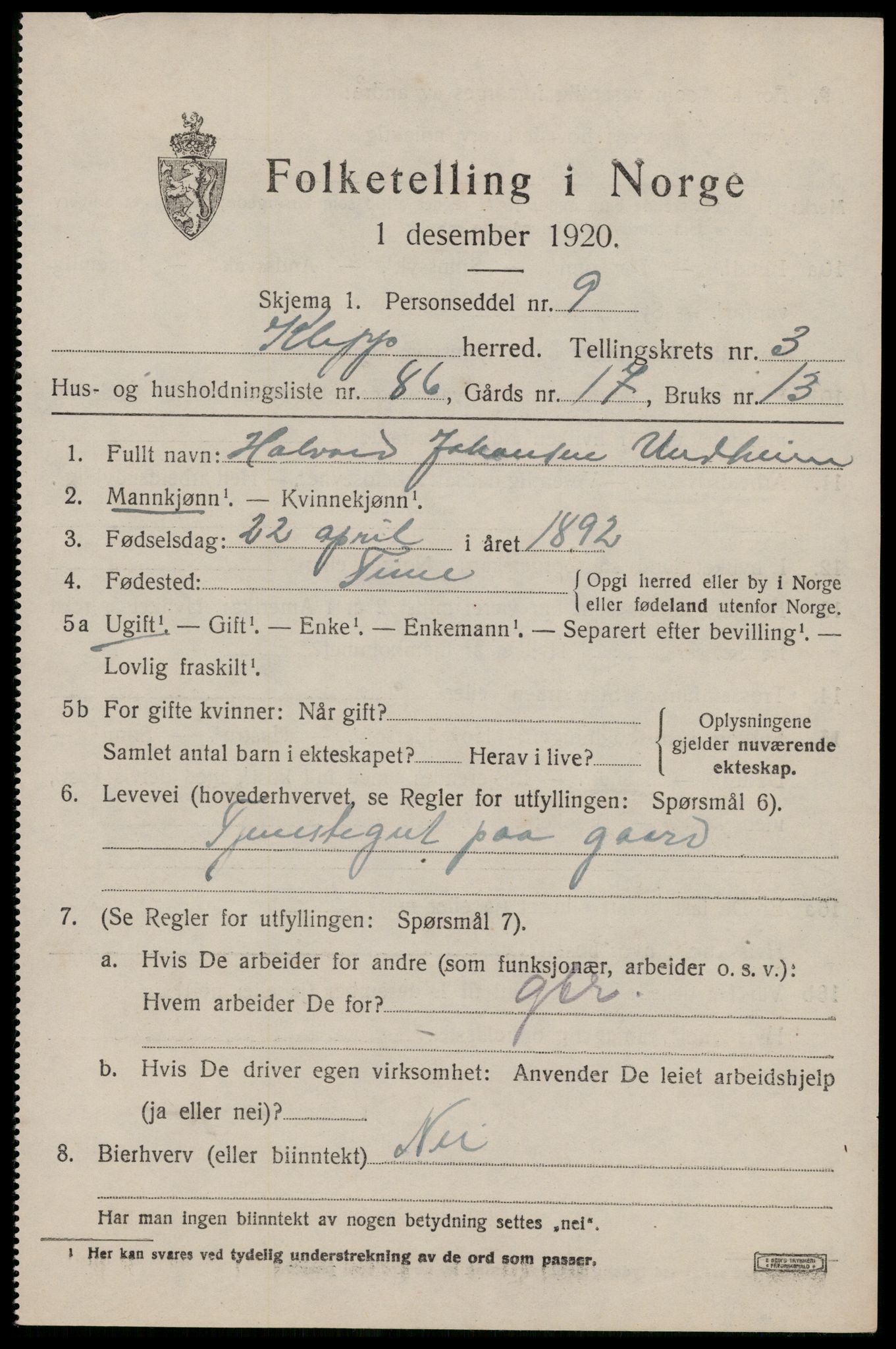 SAST, 1920 census for Klepp, 1920, p. 4296