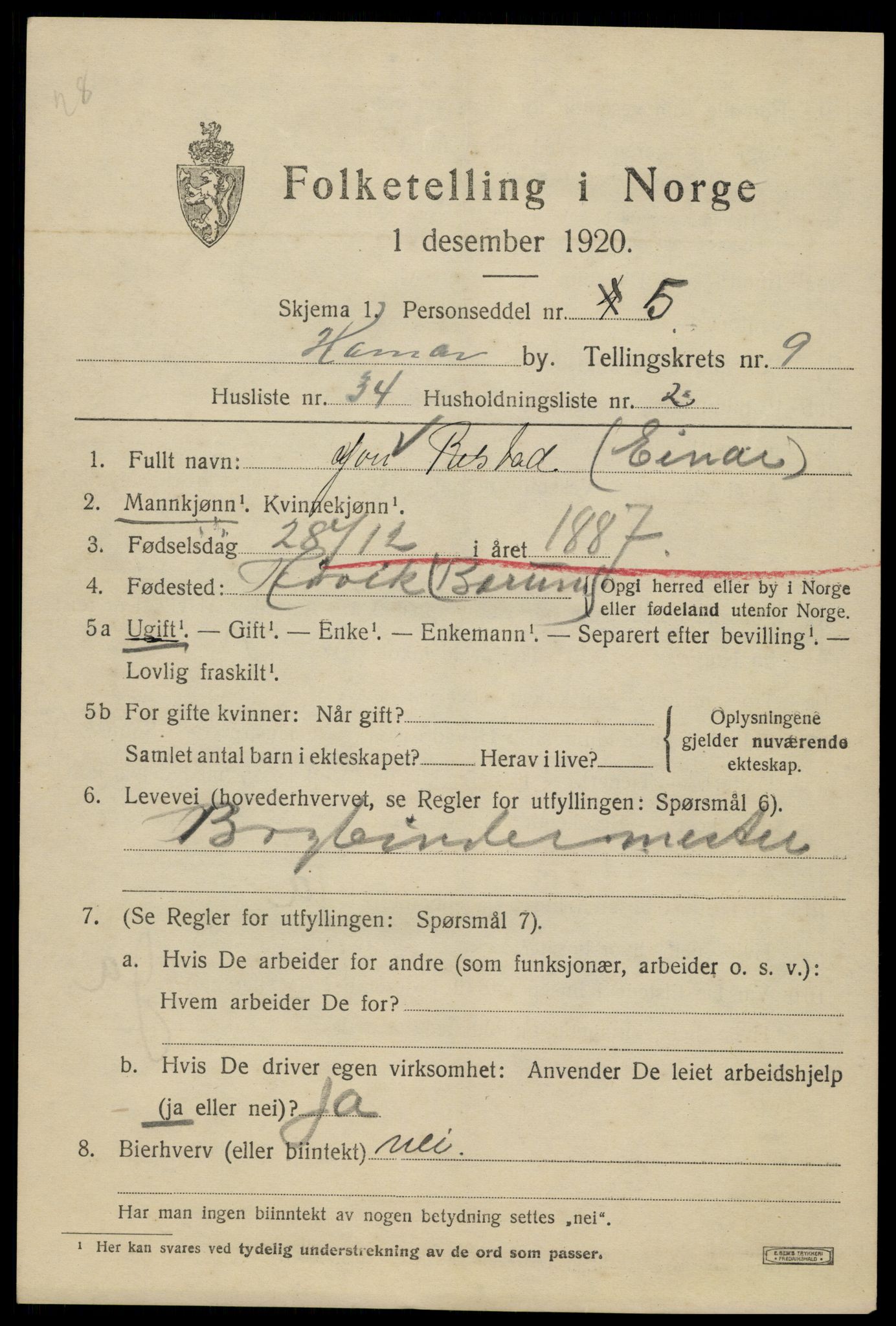 SAH, 1920 census for Hamar, 1920, p. 16819