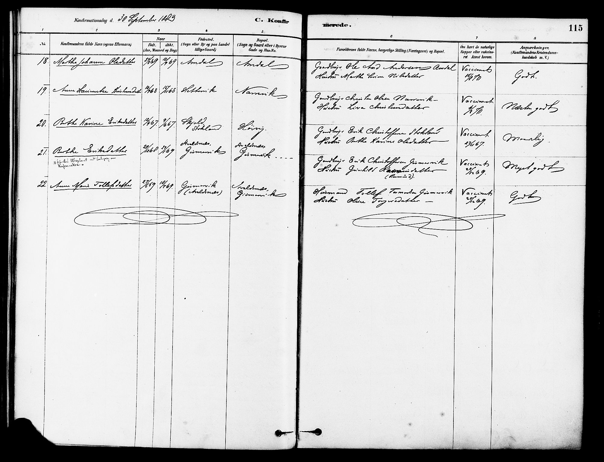 Tysvær sokneprestkontor, AV/SAST-A -101864/H/Ha/Haa/L0006: Parish register (official) no. A 6, 1878-1896, p. 115