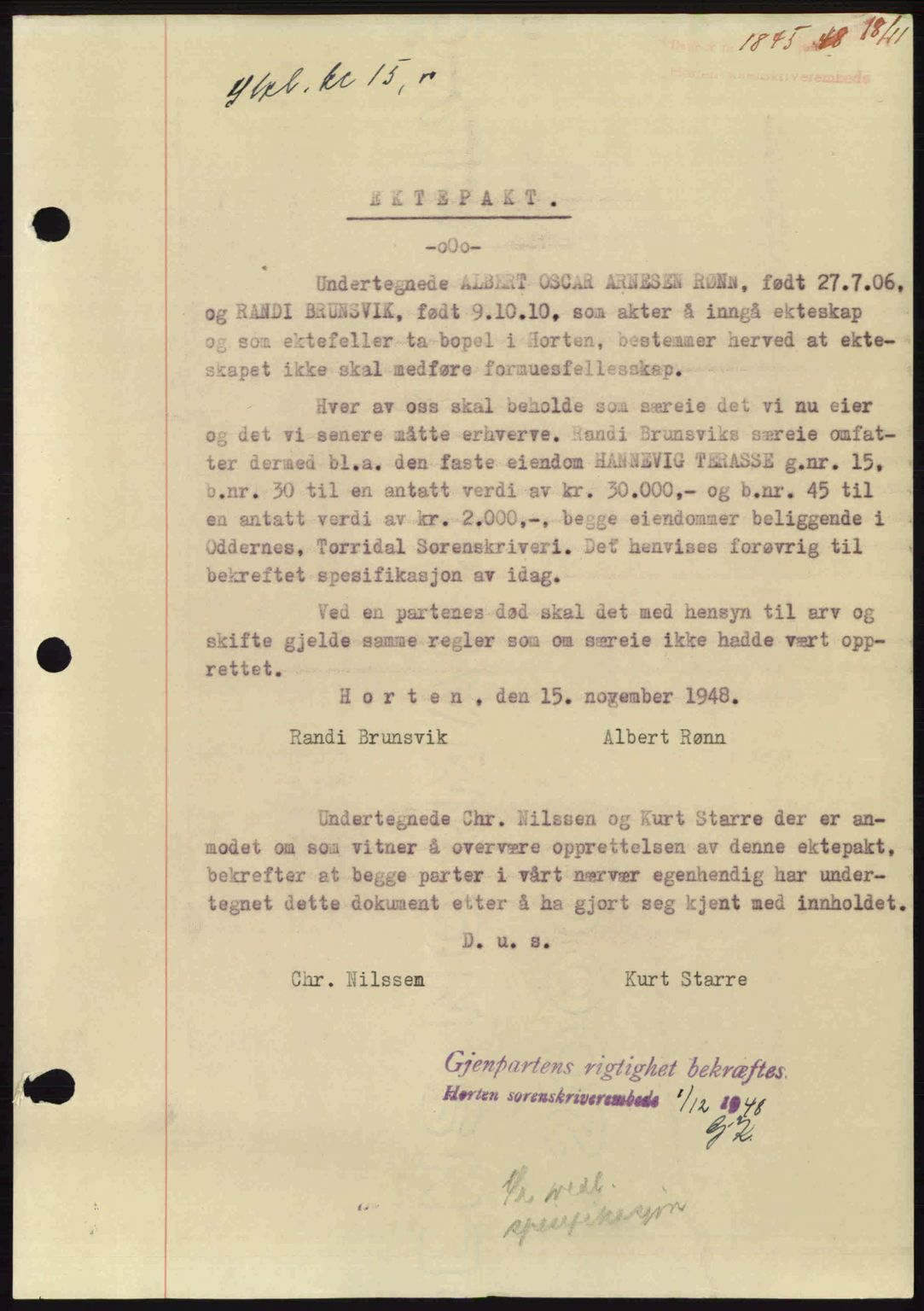 Horten sorenskriveri, AV/SAKO-A-133/G/Ga/Gaa/L0011: Mortgage book no. A-11, 1948-1948, Diary no: : 1845/1948