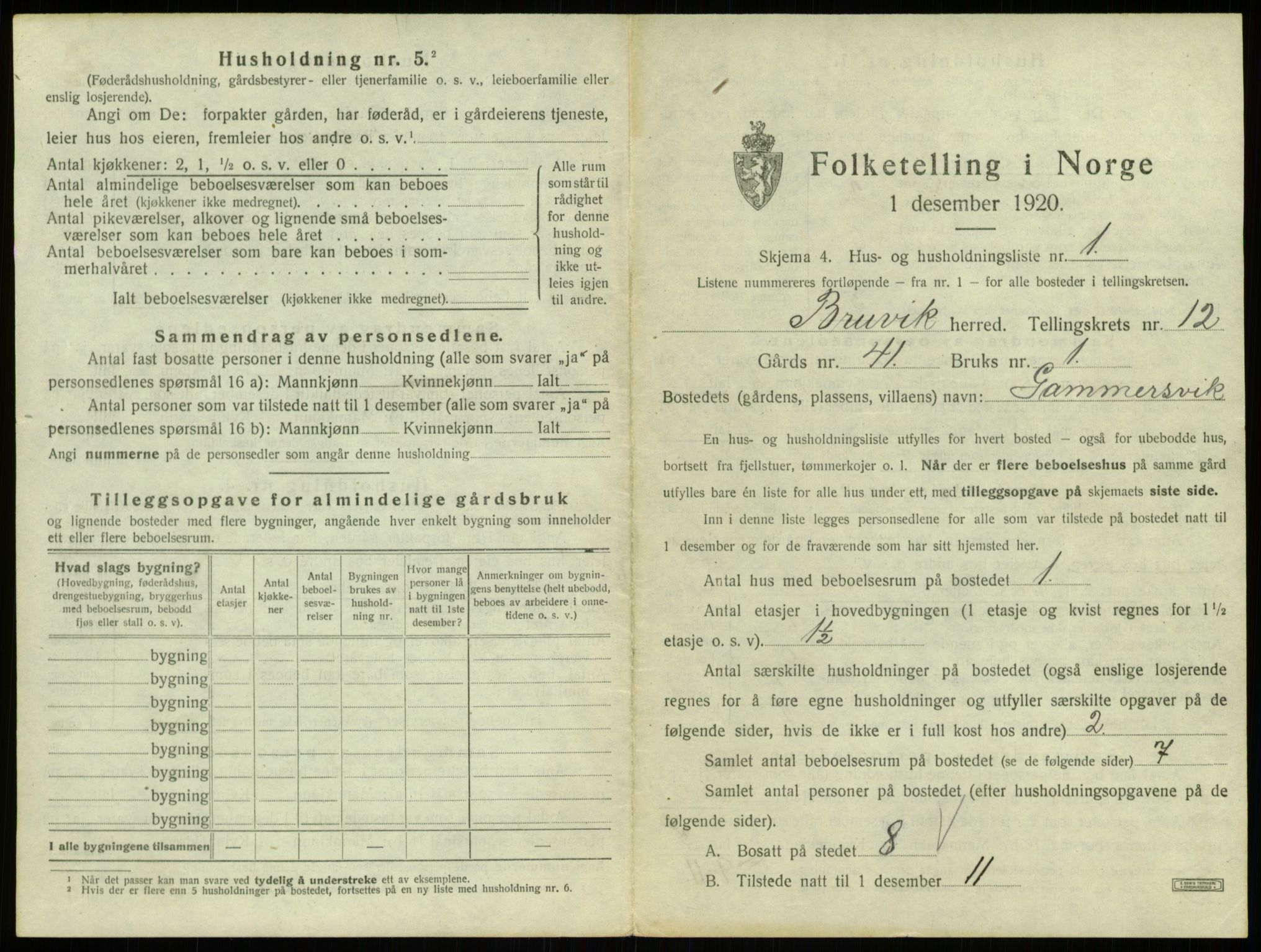 SAB, 1920 census for Bruvik, 1920, p. 846