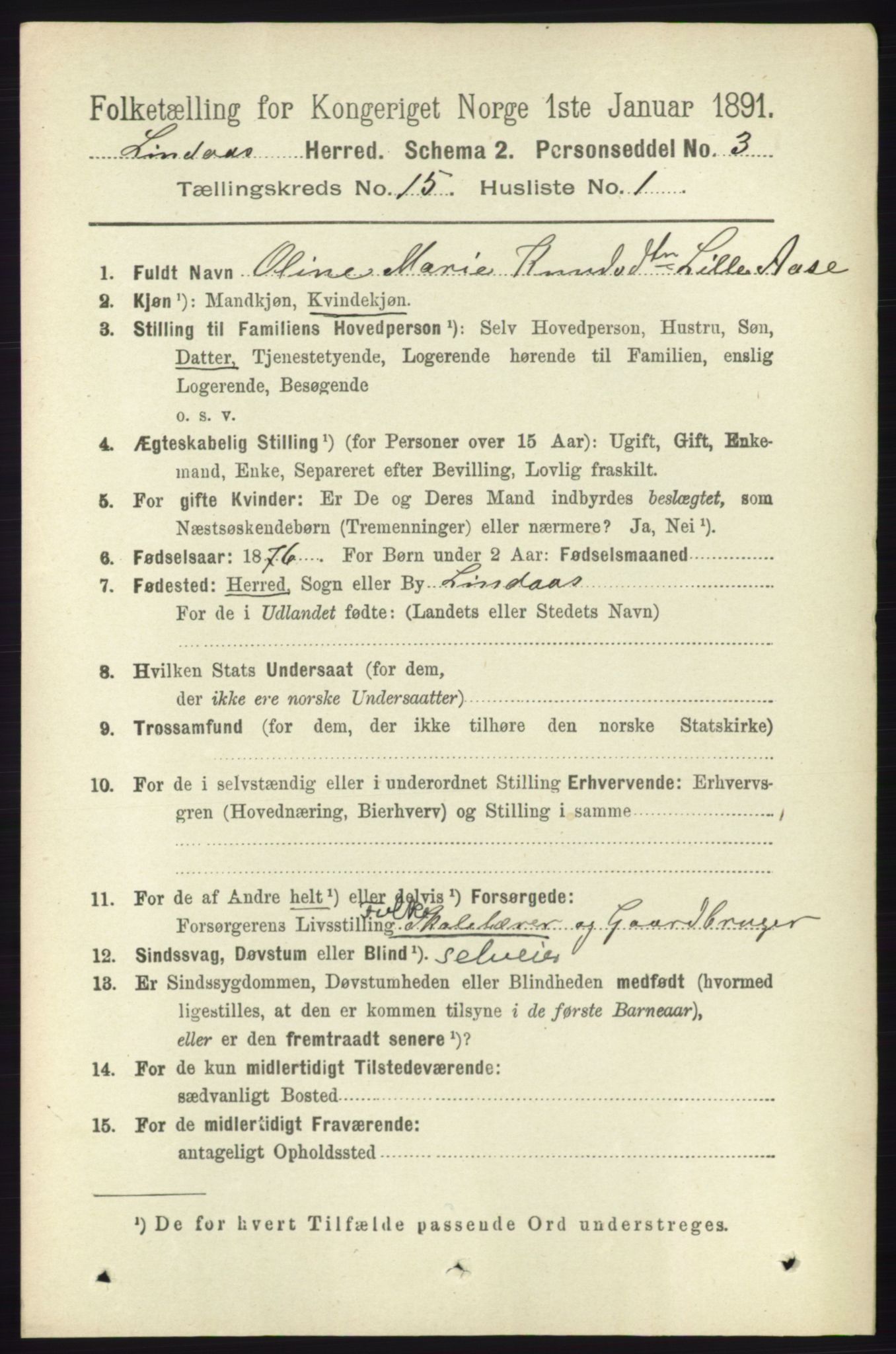 RA, 1891 census for 1263 Lindås, 1891, p. 5277