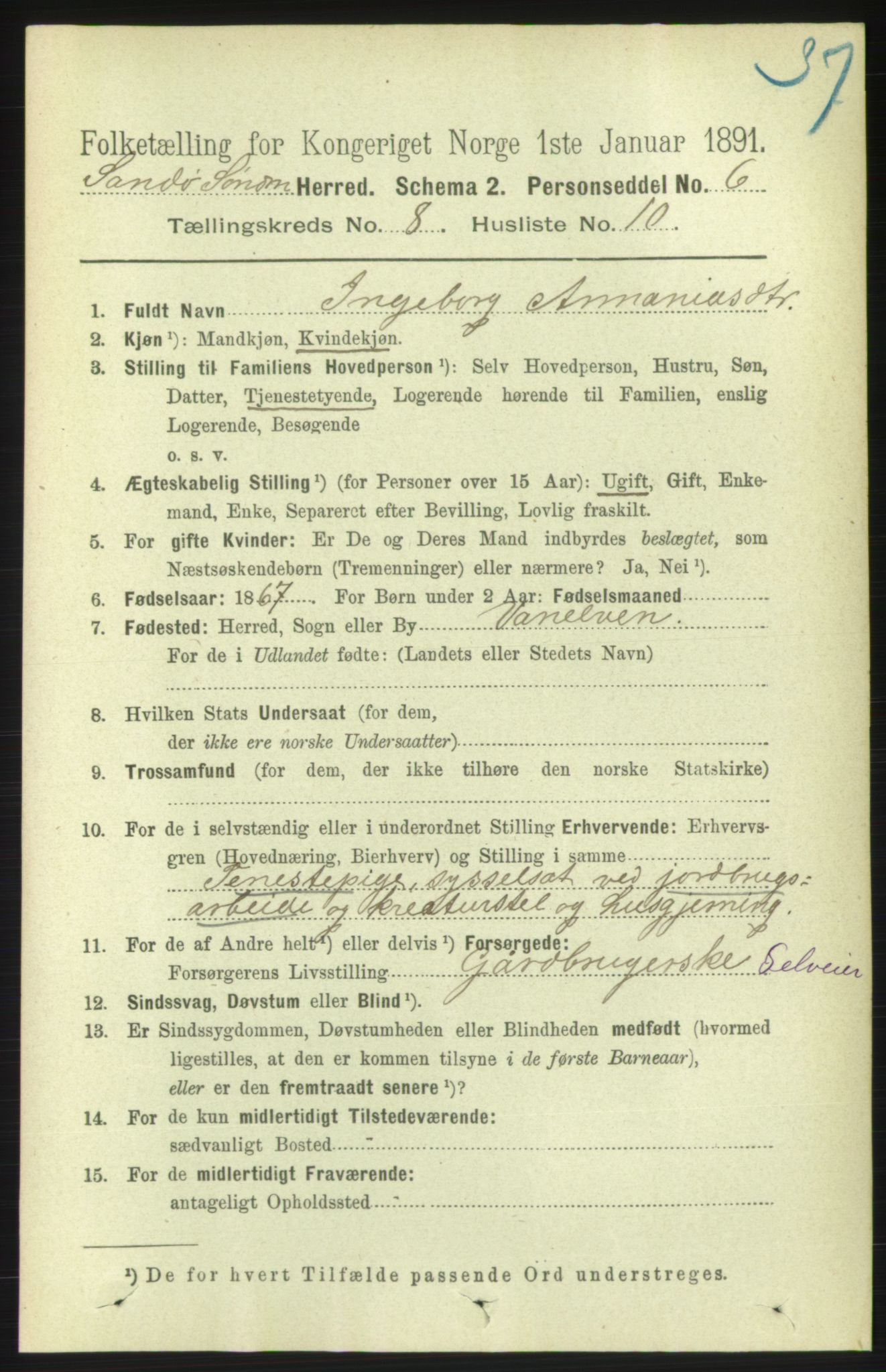 RA, 1891 census for 1514 Sande, 1891, p. 1427