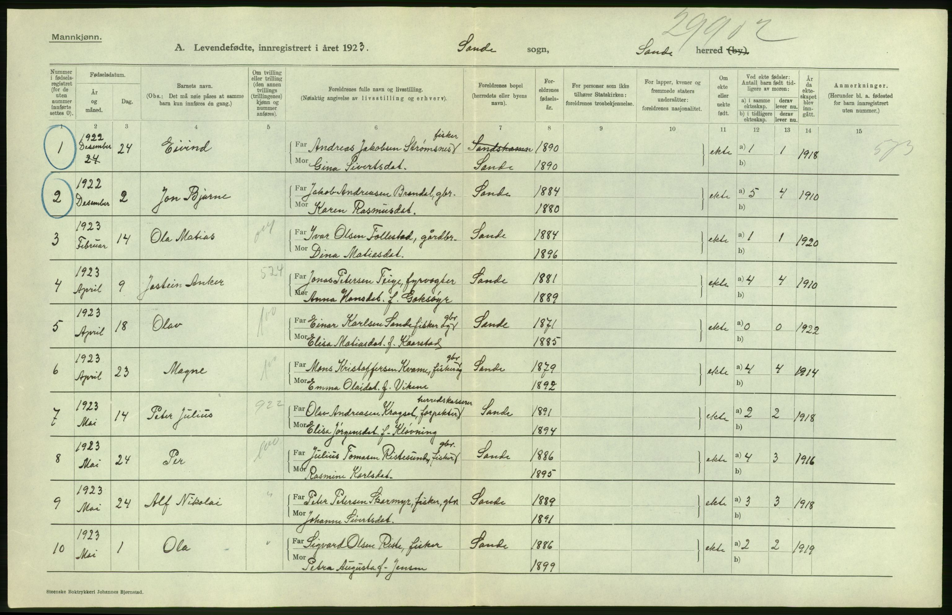 Statistisk sentralbyrå, Sosiodemografiske emner, Befolkning, AV/RA-S-2228/D/Df/Dfc/Dfcc/L0033: Møre fylke: Levendefødte menn og kvinner. Bygder., 1923, p. 14