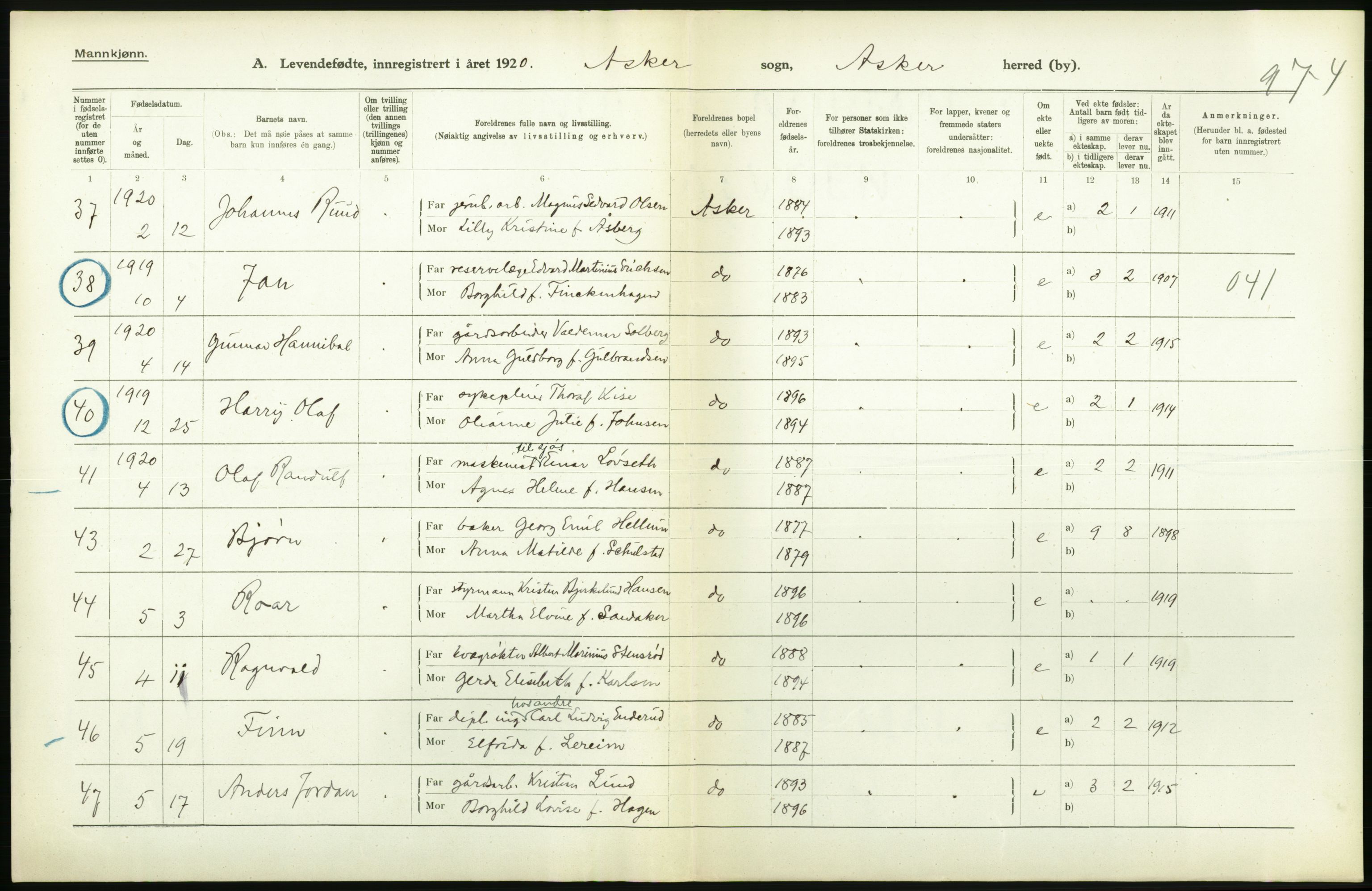 Statistisk sentralbyrå, Sosiodemografiske emner, Befolkning, RA/S-2228/D/Df/Dfb/Dfbj/L0004: Akershus fylke: Levendefødte menn og kvinner. Bygder., 1920, p. 402