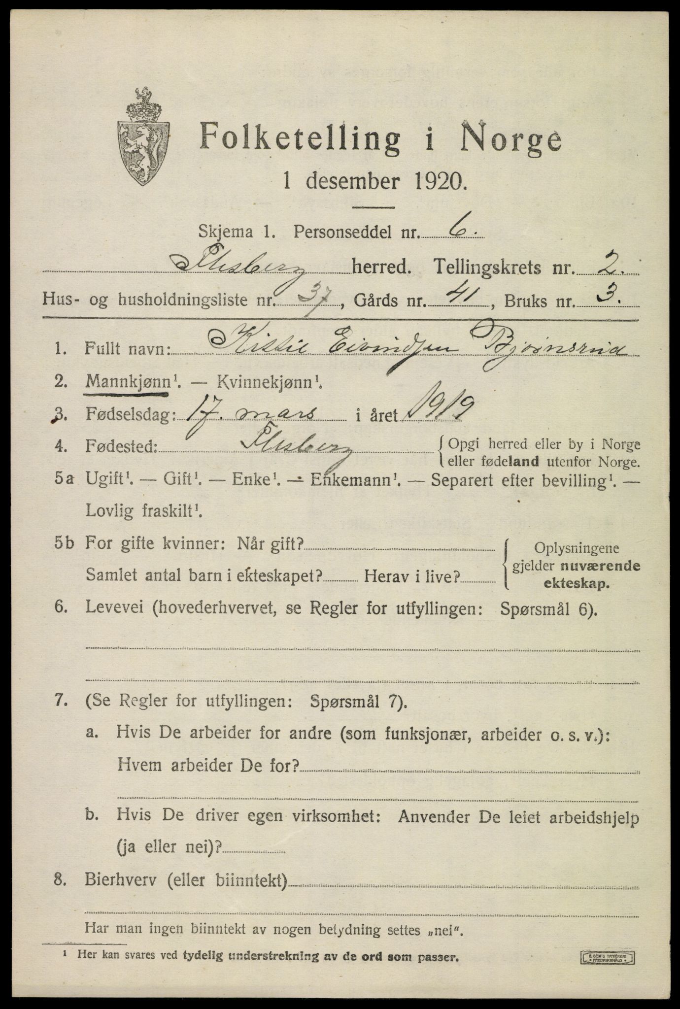 SAKO, 1920 census for Flesberg, 1920, p. 1665