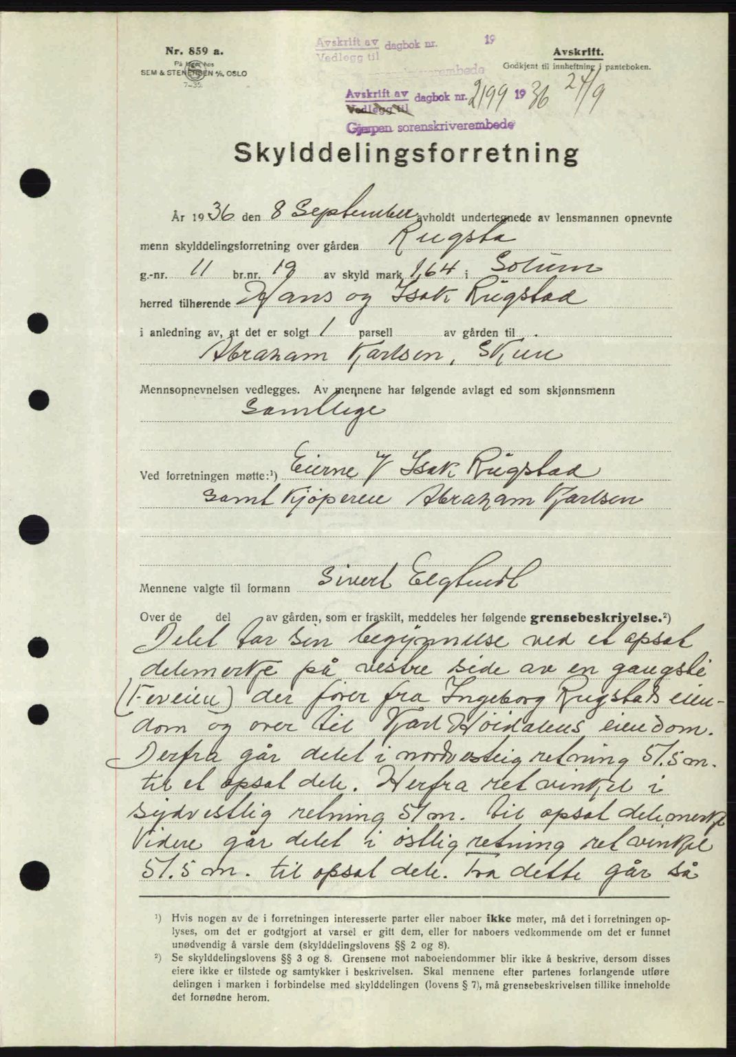 Gjerpen sorenskriveri, AV/SAKO-A-216/G/Ga/Gac/L0067: Mortgage book no. A66-67, 1936-1936, Diary no: : 2199/1936