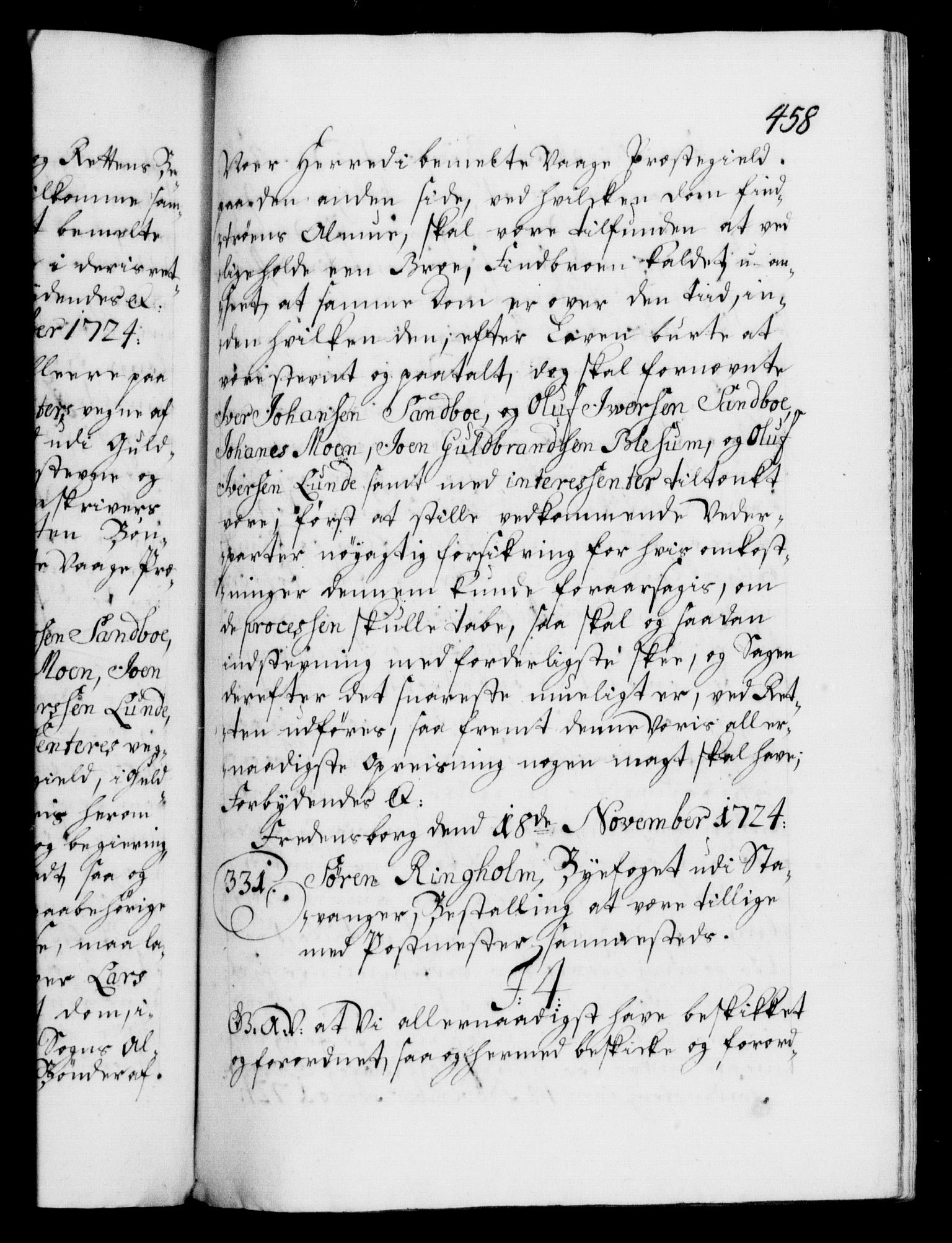 Danske Kanselli 1572-1799, AV/RA-EA-3023/F/Fc/Fca/Fcaa/L0024: Norske registre, 1723-1725, p. 458a