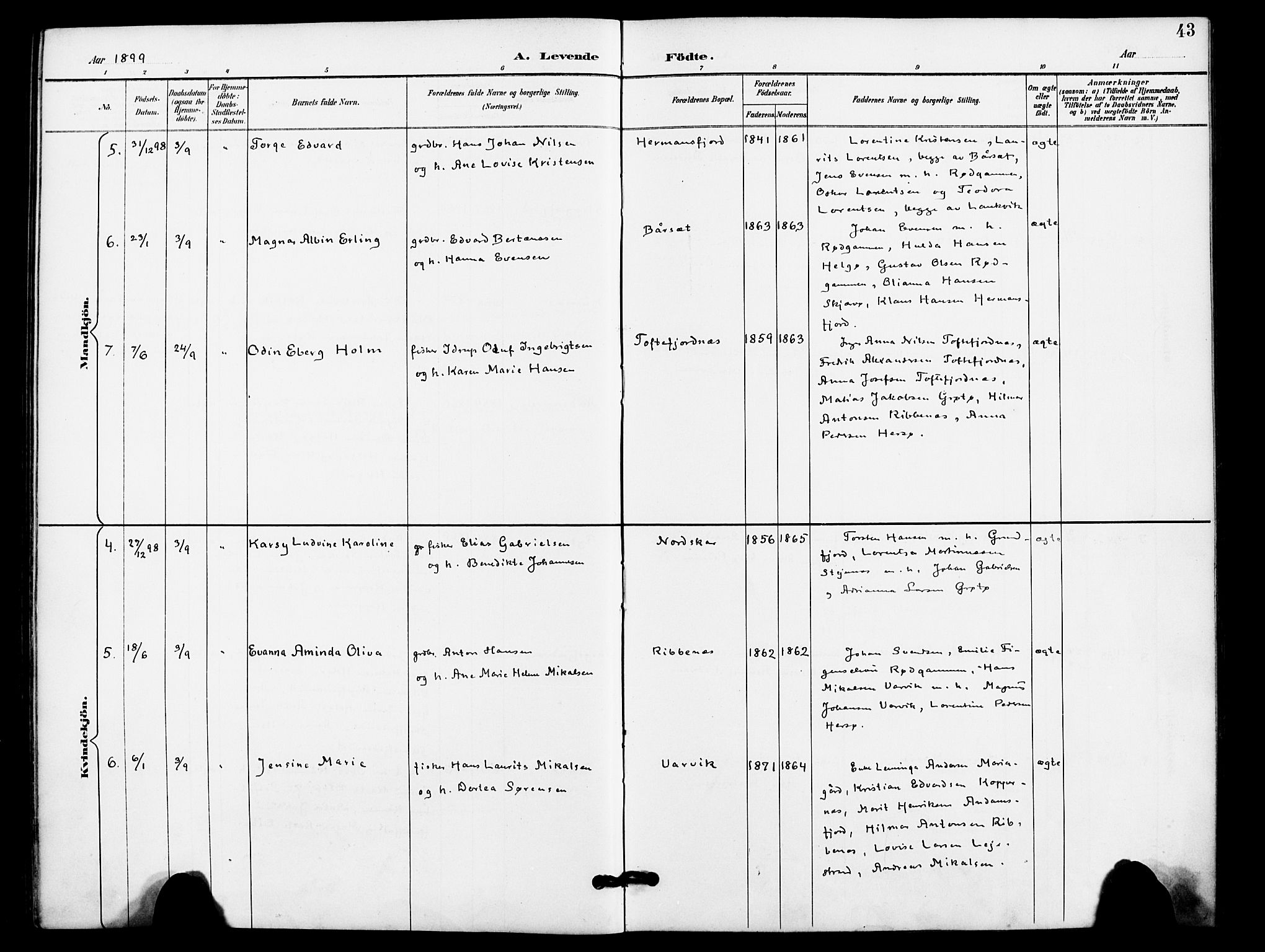 Karlsøy sokneprestembete, AV/SATØ-S-1299/H/Ha/Haa/L0012kirke: Parish register (official) no. 12, 1892-1902, p. 43