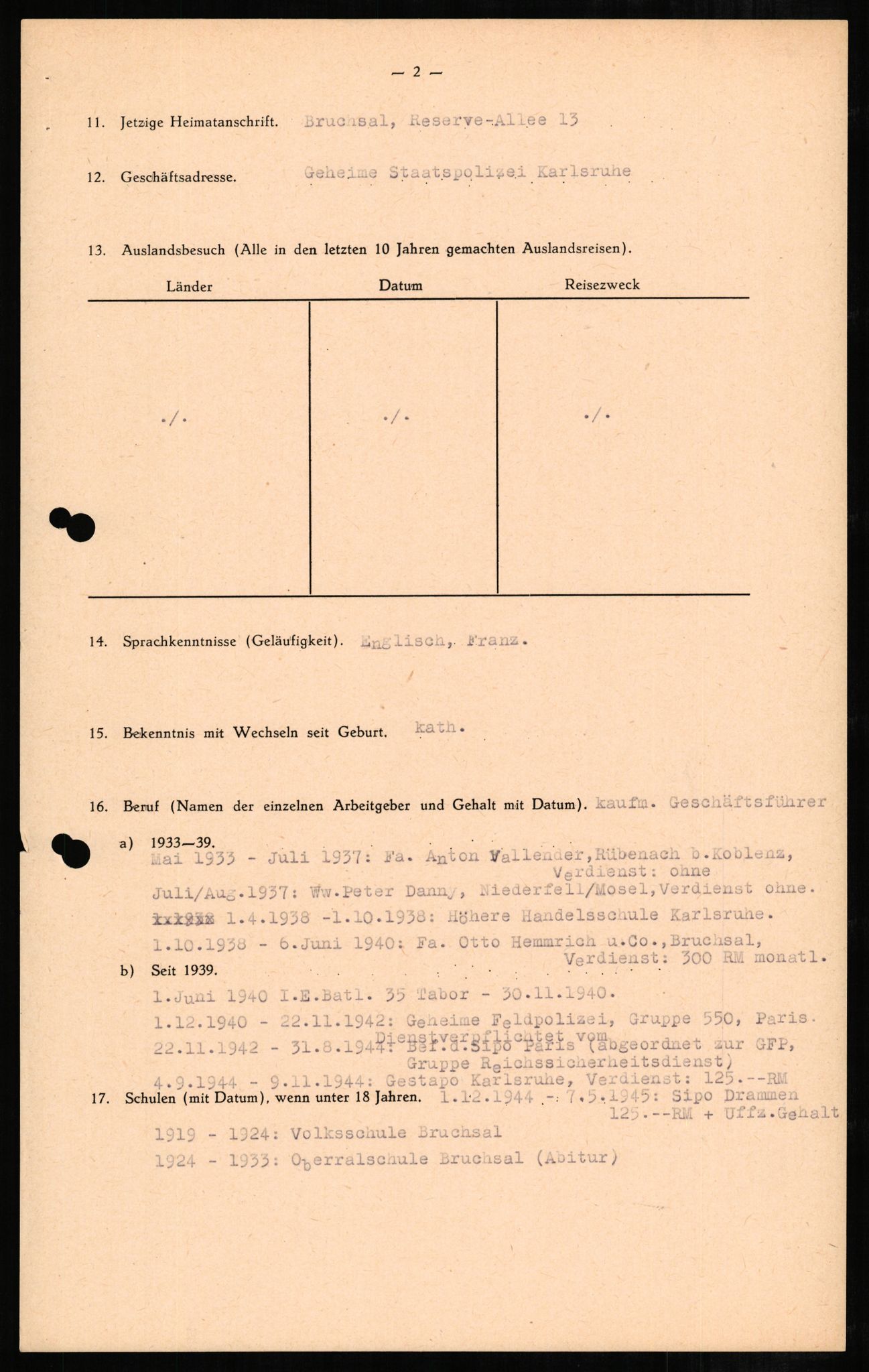 Forsvaret, Forsvarets overkommando II, RA/RAFA-3915/D/Db/L0003: CI Questionaires. Tyske okkupasjonsstyrker i Norge. Tyskere., 1945-1946, p. 321