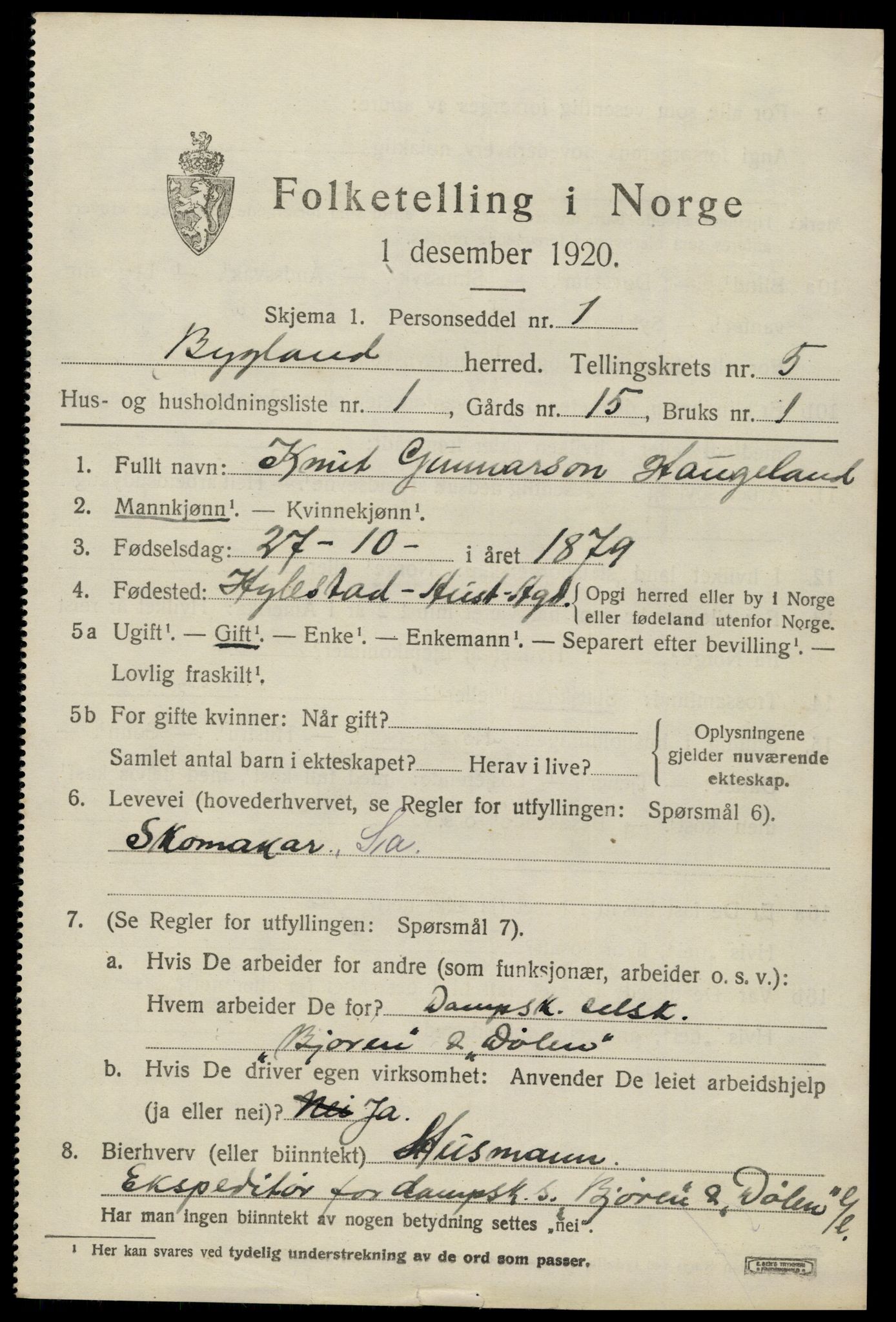 SAK, 1920 census for Bygland, 1920, p. 1853