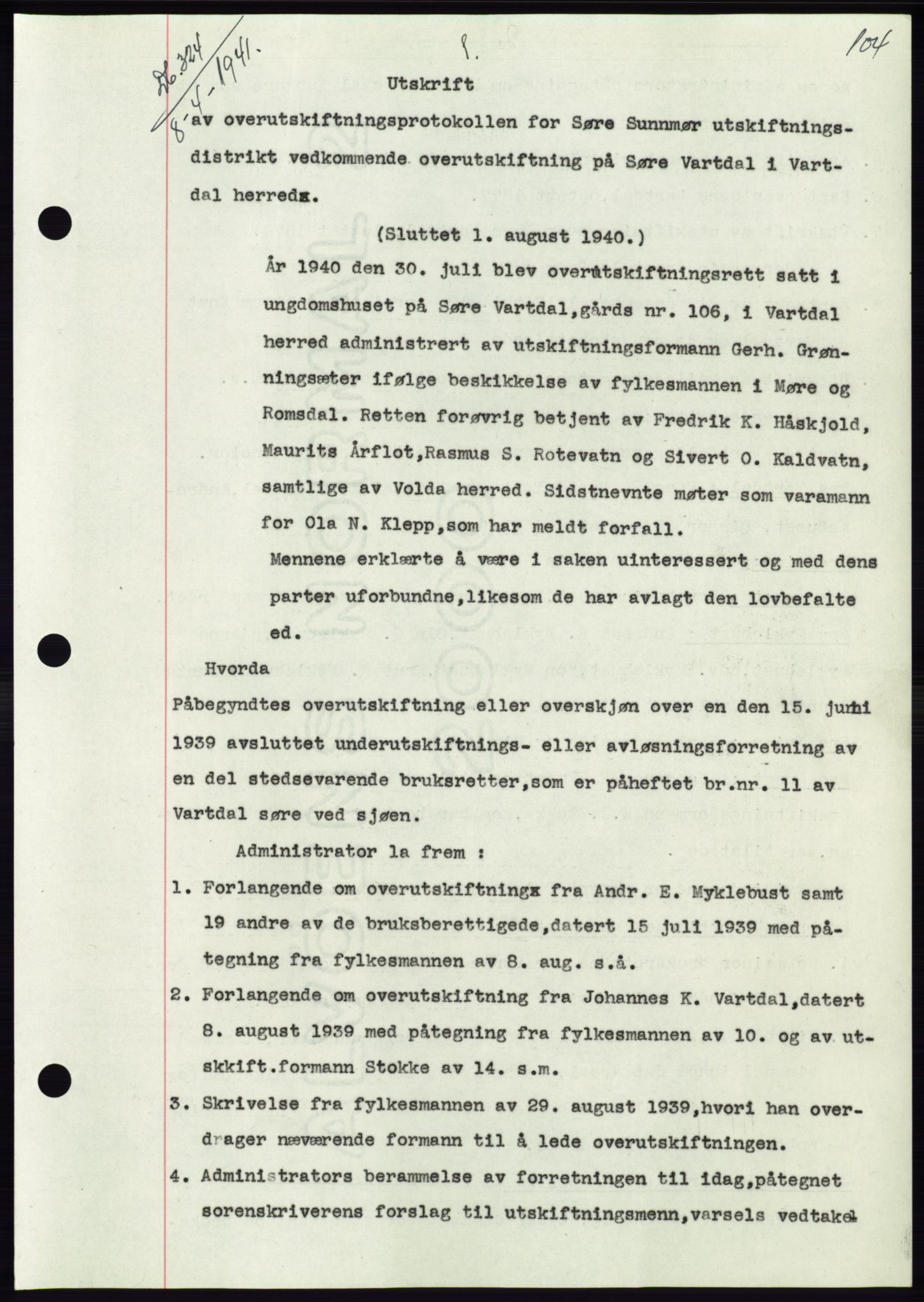 Søre Sunnmøre sorenskriveri, AV/SAT-A-4122/1/2/2C/L0071: Mortgage book no. 65, 1941-1941, Diary no: : 324/1941