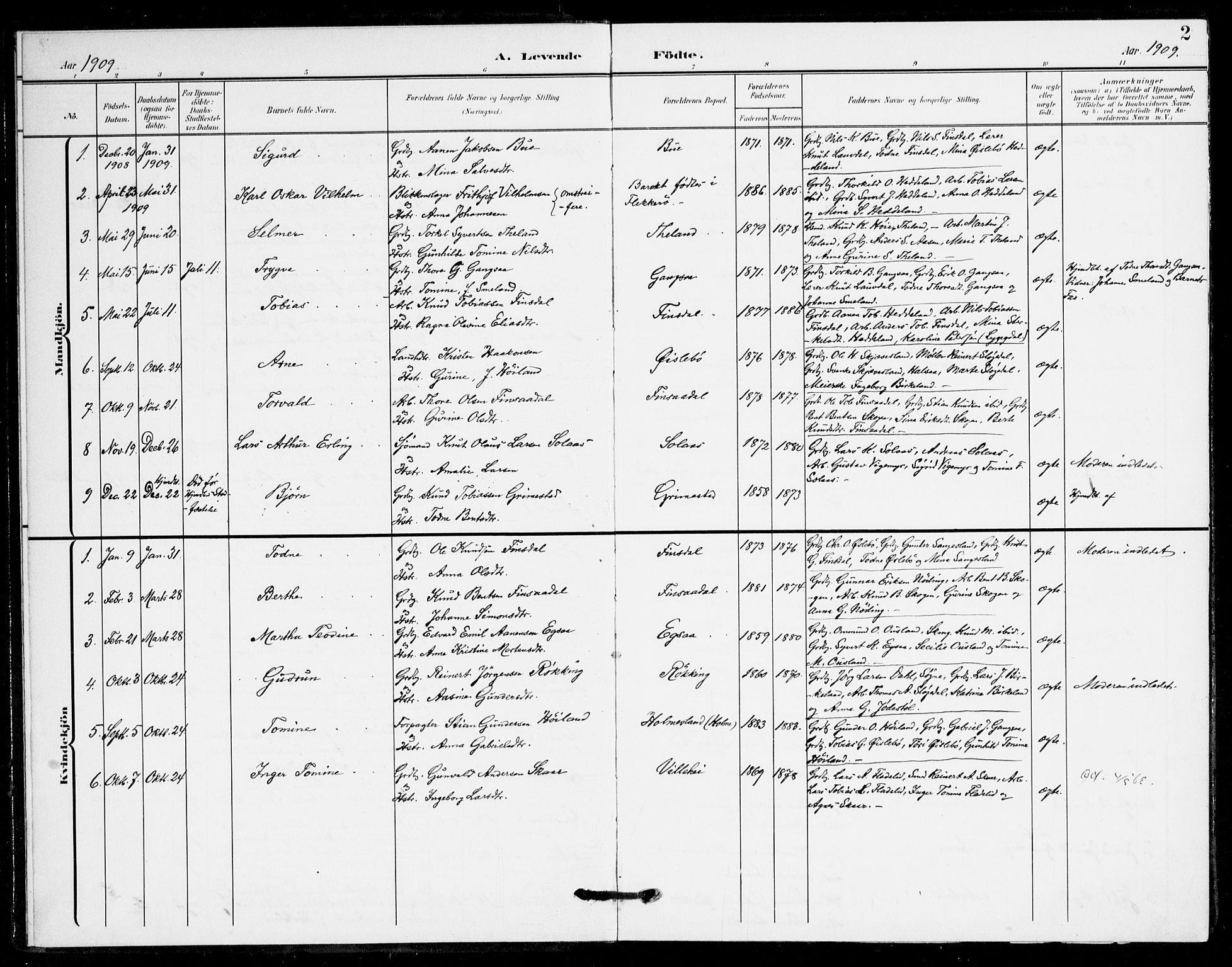 Holum sokneprestkontor, AV/SAK-1111-0022/F/Fa/Fac/L0005: Parish register (official) no. A 5, 1908-1930, p. 2