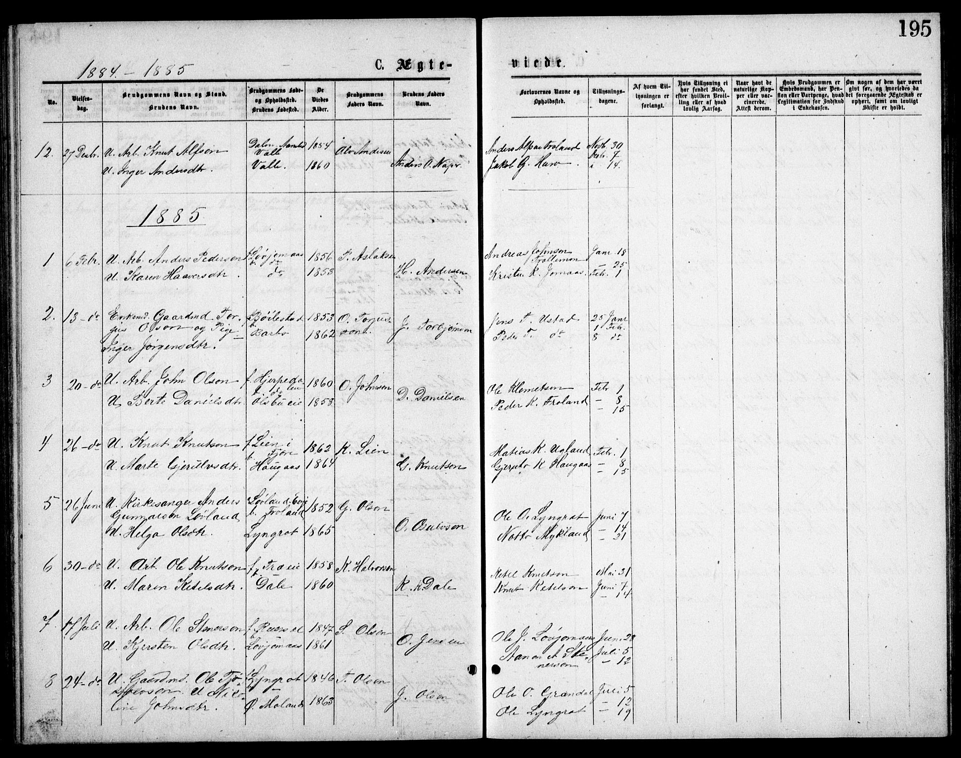 Froland sokneprestkontor, SAK/1111-0013/F/Fb/L0009: Parish register (copy) no. B 9, 1875-1893, p. 195