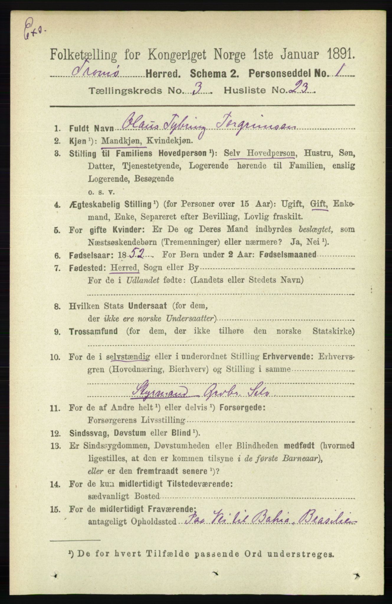 RA, Census 1891 for Nedenes amt: Gjenparter av personsedler for beslektede ektefeller, menn, 1891, p. 568