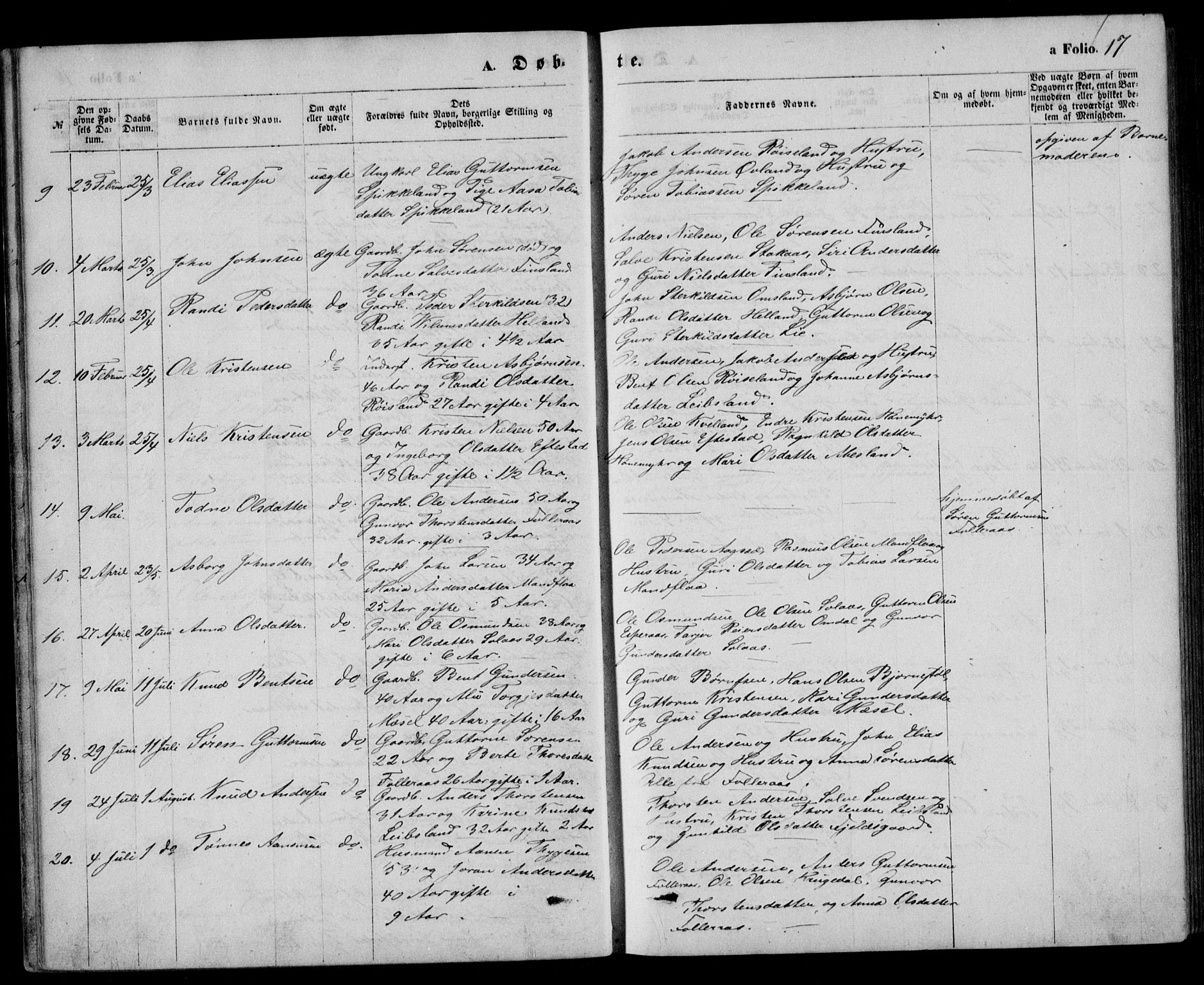 Bjelland sokneprestkontor, SAK/1111-0005/F/Fb/Fbb/L0004: Parish register (copy) no. B 4, 1867-1887, p. 17