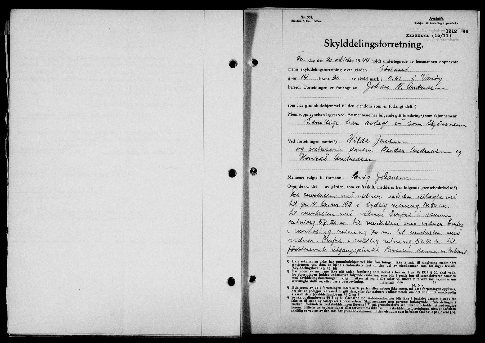 Lofoten sorenskriveri, SAT/A-0017/1/2/2C/L0012a: Mortgage book no. 12a, 1943-1944, Diary no: : 1212/1944