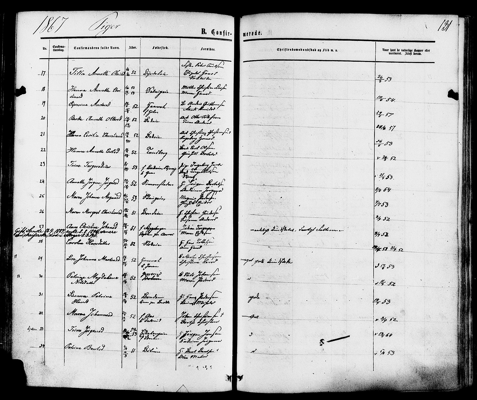 Sande Kirkebøker, AV/SAKO-A-53/F/Fa/L0005: Parish register (official) no. 5, 1865-1877, p. 131