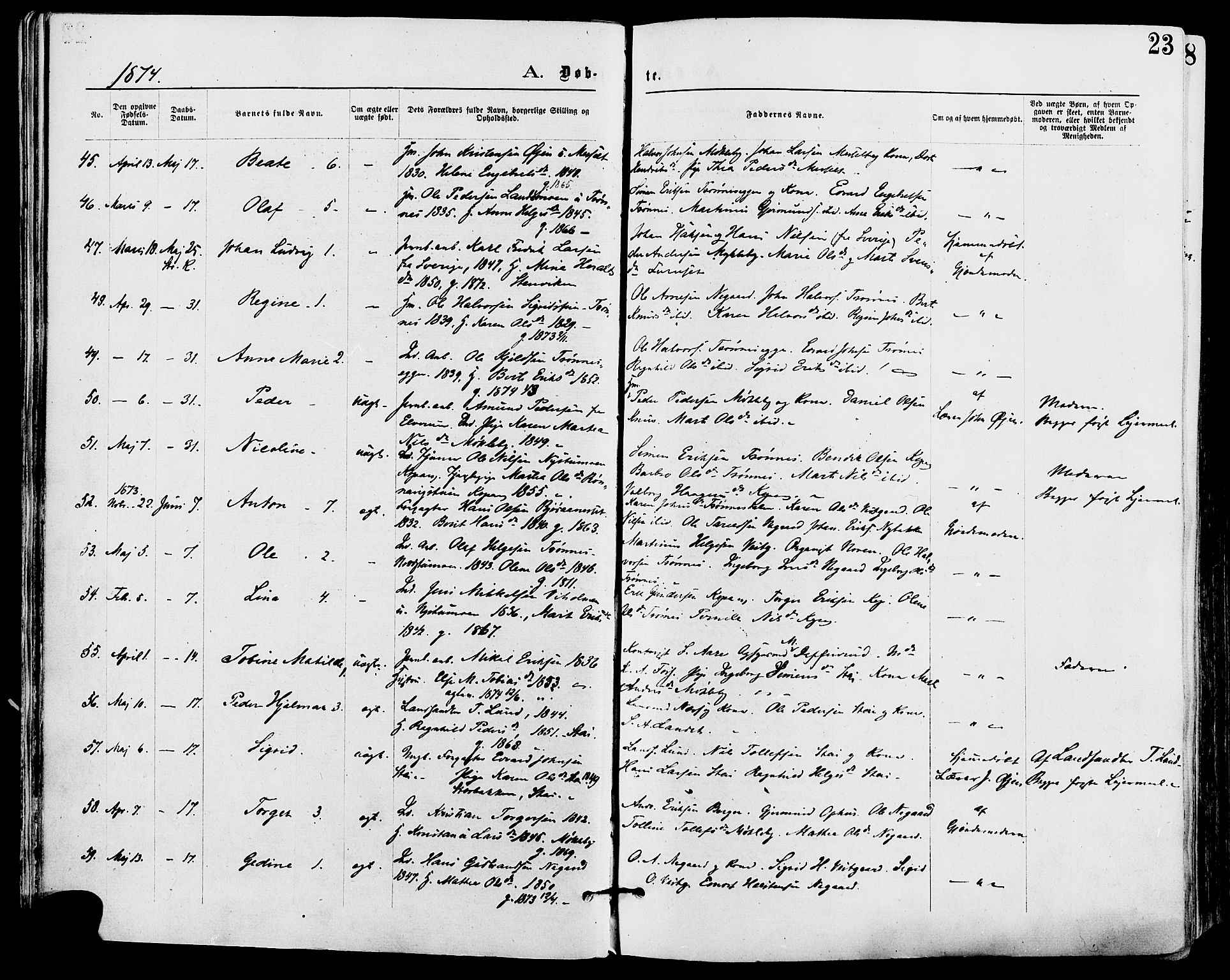 Stor-Elvdal prestekontor, SAH/PREST-052/H/Ha/Haa/L0001: Parish register (official) no. 1, 1871-1882, p. 23