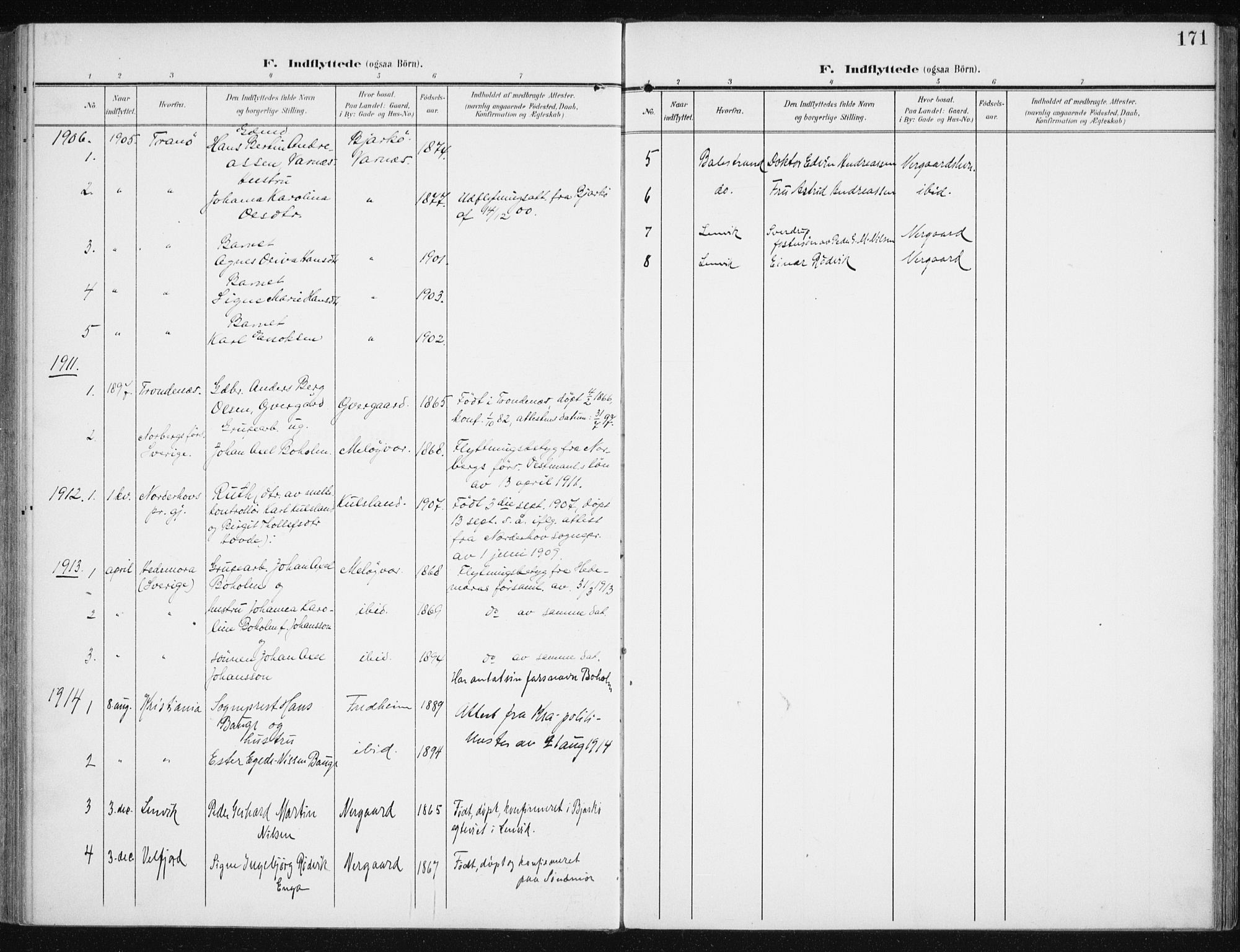 Sand/Bjarkøy sokneprestkontor, AV/SATØ-S-0811/I/Ia/Iaa/L0005kirke: Parish register (official) no. 5, 1905-1914, p. 171
