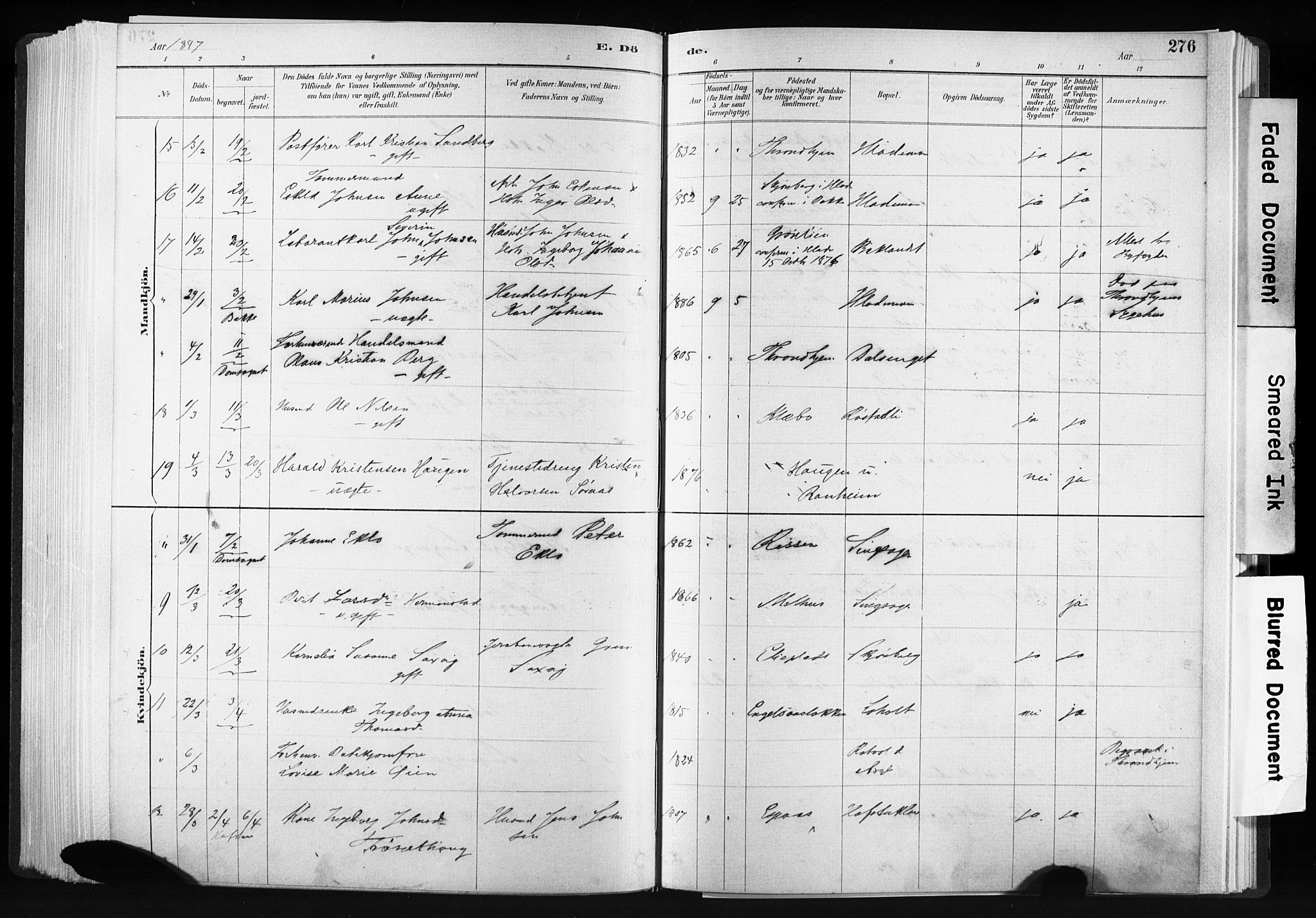 Ministerialprotokoller, klokkerbøker og fødselsregistre - Sør-Trøndelag, AV/SAT-A-1456/606/L0300: Parish register (official) no. 606A15, 1886-1893, p. 276