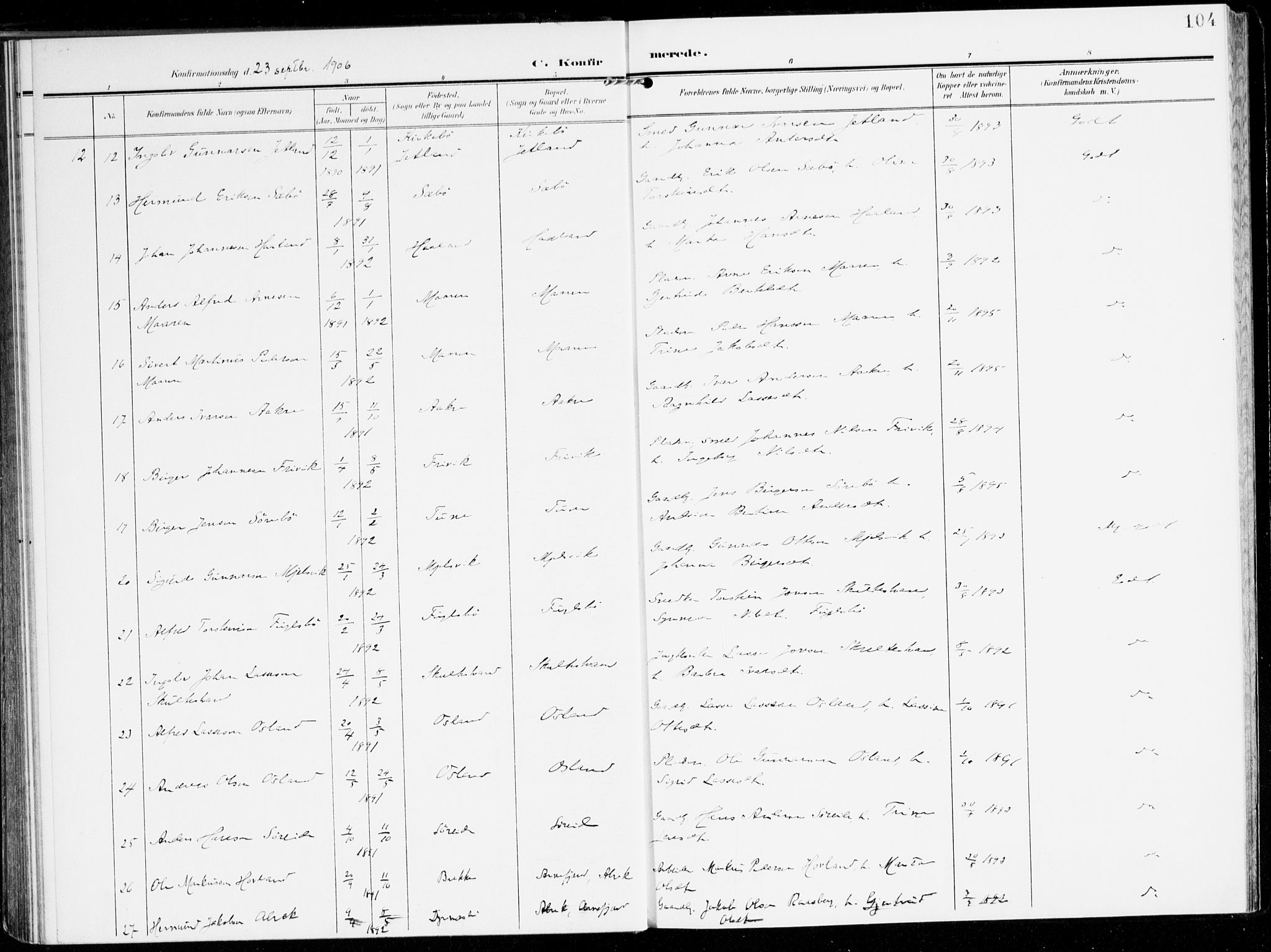Lavik sokneprestembete, SAB/A-80901: Parish register (official) no. C 2, 1904-1921, p. 104