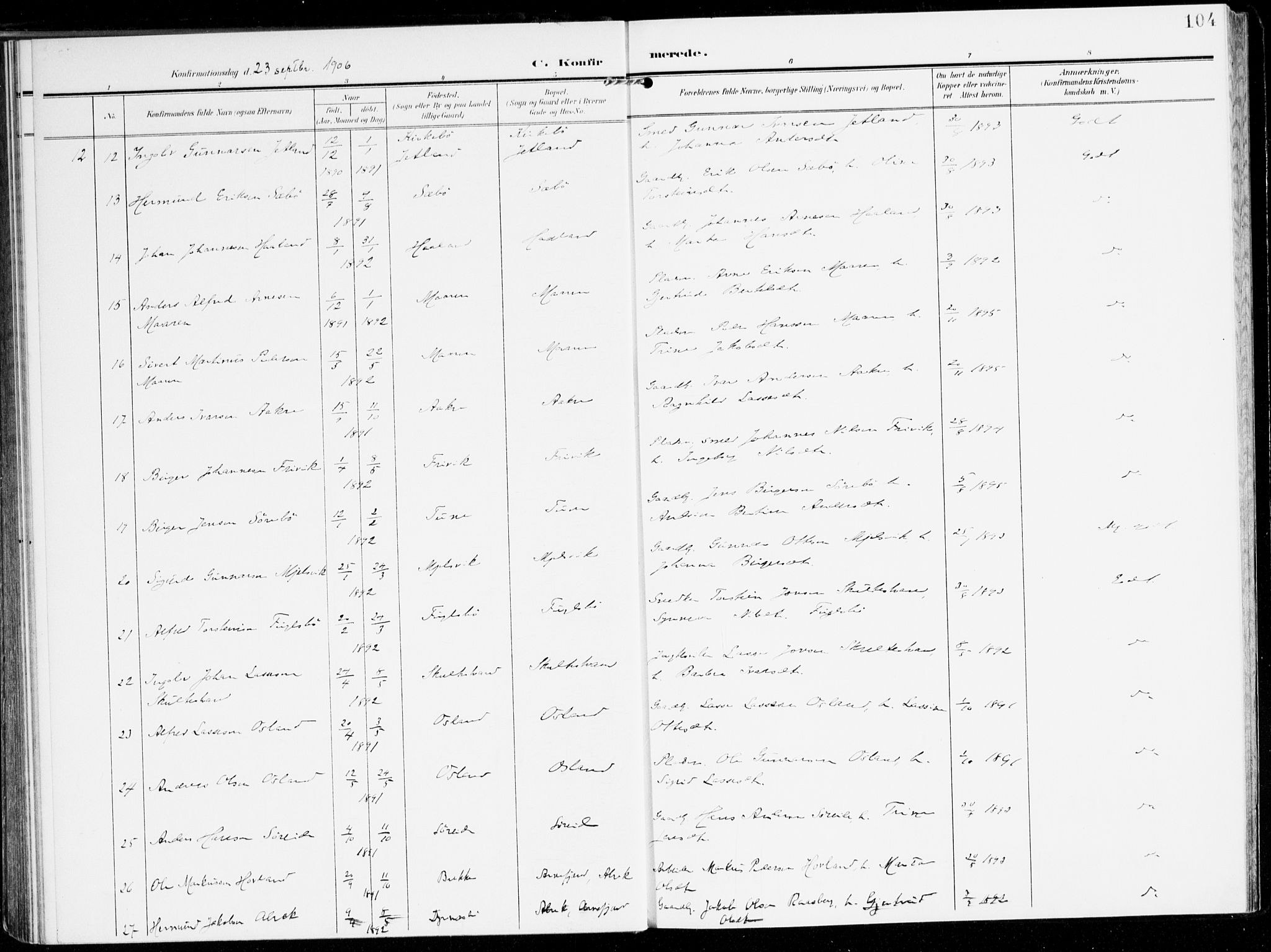 Lavik sokneprestembete, AV/SAB-A-80901: Parish register (official) no. C 2, 1904-1921, p. 104