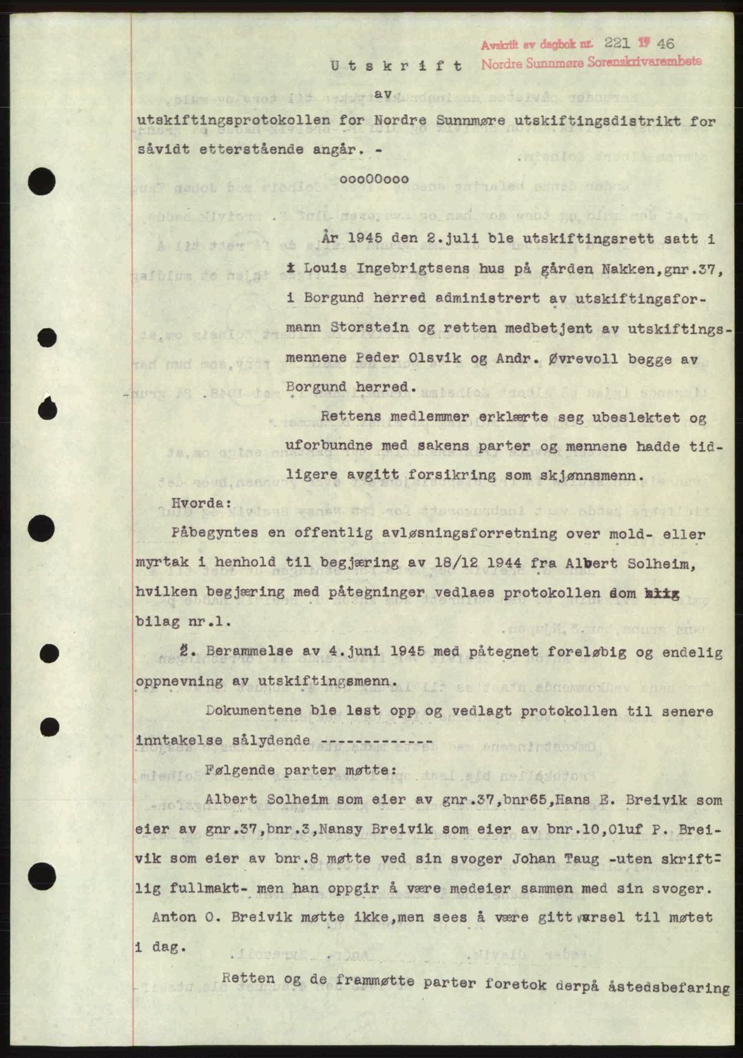 Nordre Sunnmøre sorenskriveri, AV/SAT-A-0006/1/2/2C/2Ca: Mortgage book no. A20b, 1946-1946, Diary no: : 221/1946