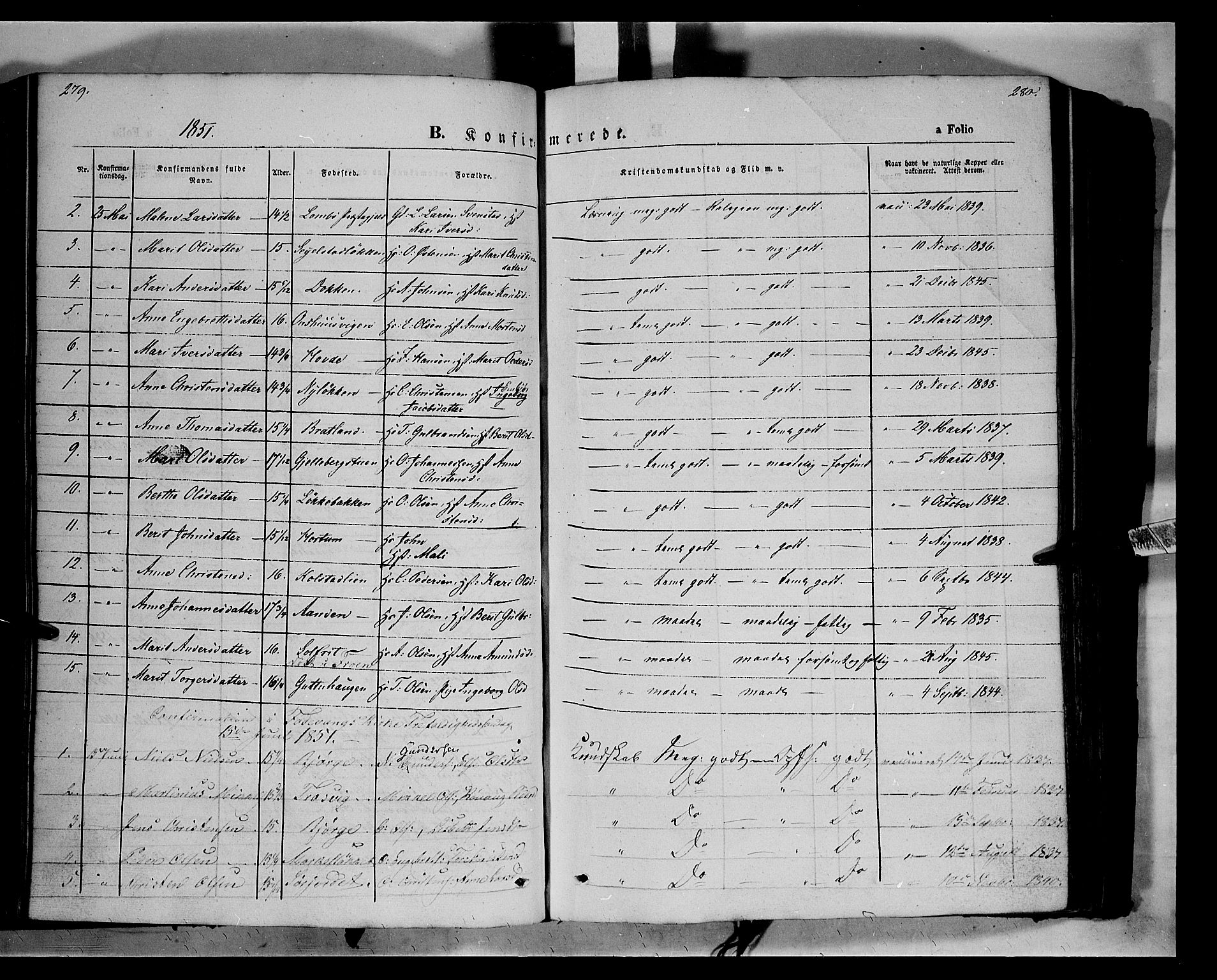 Ringebu prestekontor, SAH/PREST-082/H/Ha/Haa/L0006: Parish register (official) no. 6, 1848-1859, p. 279-280