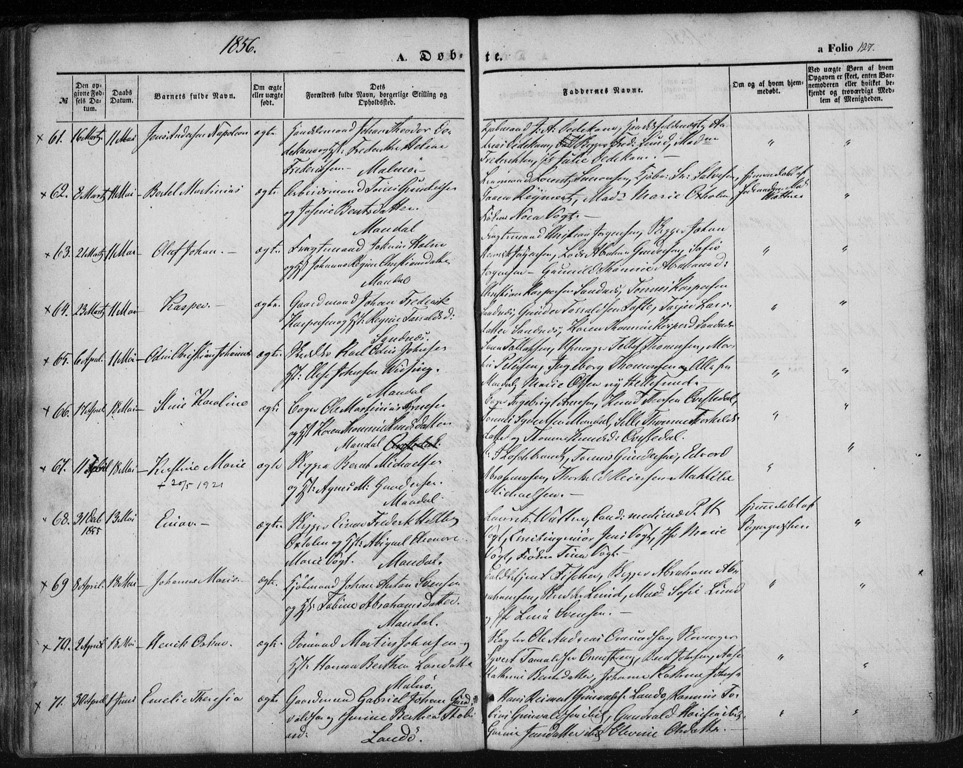 Mandal sokneprestkontor, AV/SAK-1111-0030/F/Fa/Faa/L0013: Parish register (official) no. A 13, 1847-1859, p. 127